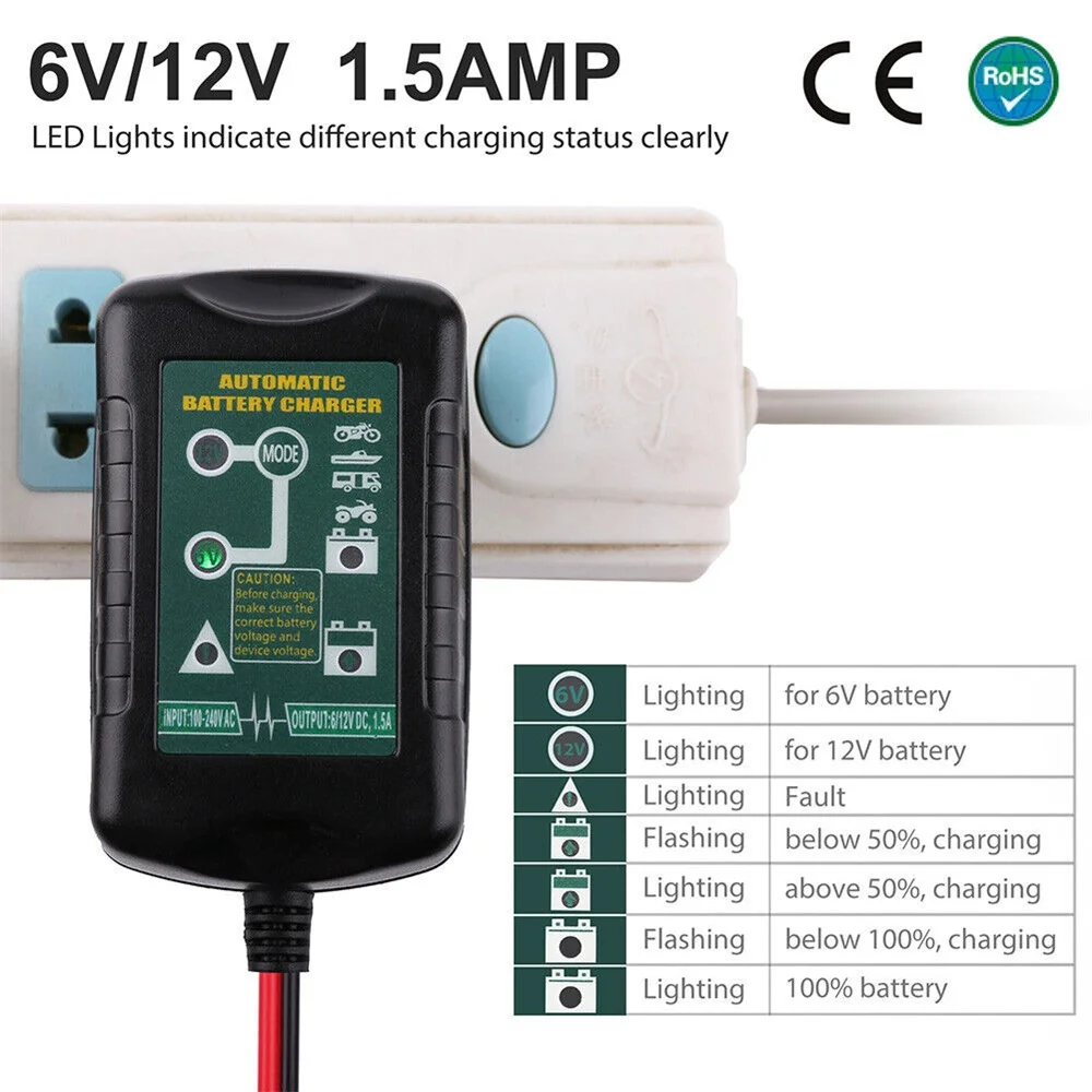 6V 12V 1.5A Automatic Battery Charger Maintainer Car Automatic Float Charger Motorcycle Lawn Mower Tractor Lead-acid AGM GEL Toy