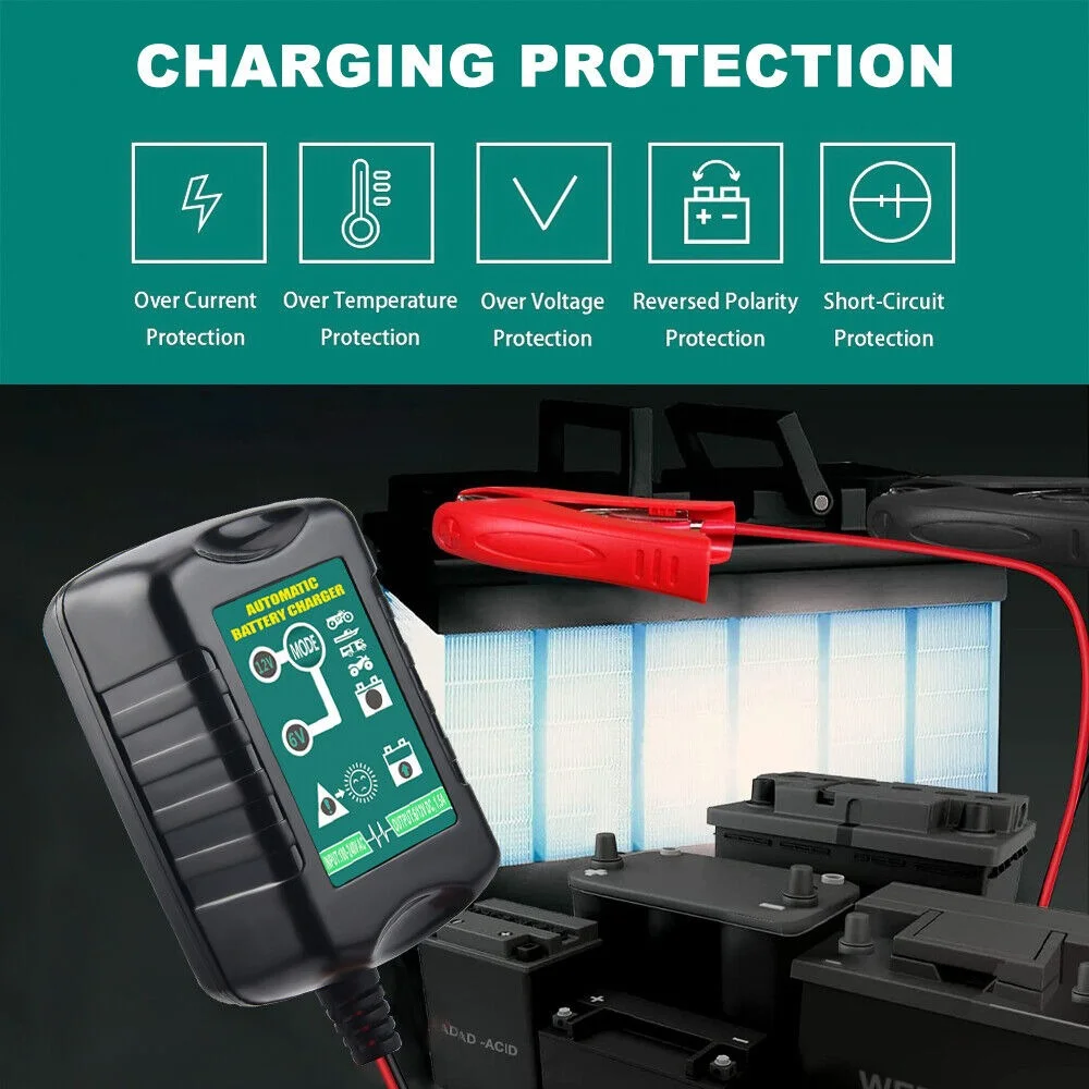 6V 12V 1.5A Automatic Battery Charger Maintainer Car Automatic Float Charger Motorcycle Lawn Mower Tractor Lead-acid AGM GEL Toy
