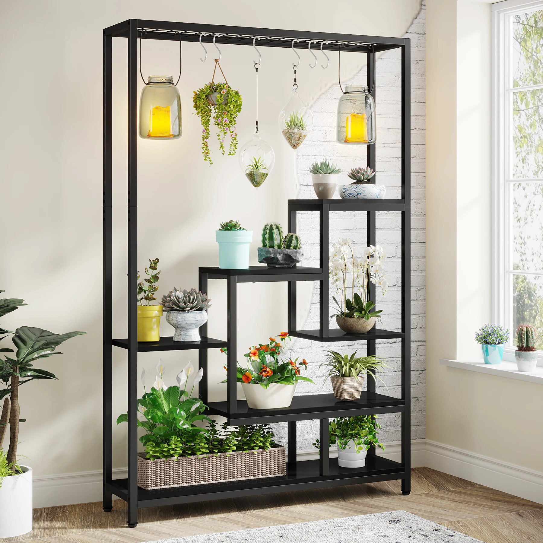 Tribesigns 5 Tiers Tall Indoor Plant Stand 70.9 inches Large Metal Plant Shelf with 10 PC S Hanging Hooks for Garden