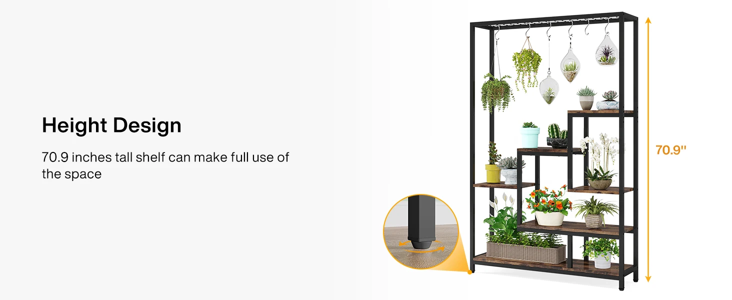 Tribesigns 5 Tiers Tall Indoor Plant Stand 70.9 inches Large Metal Plant Shelf with 10 PC S Hanging Hooks for Garden