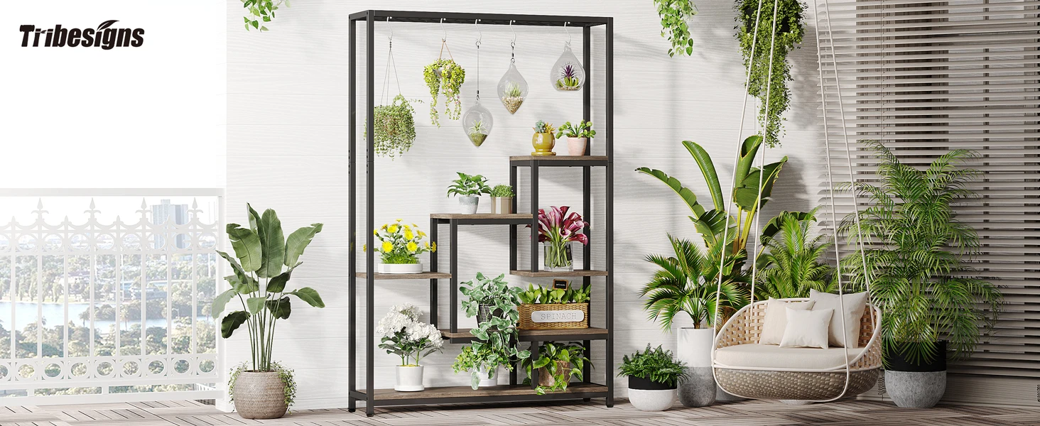 Tribesigns 5 Tiers Tall Indoor Plant Stand 70.9 inches Large Metal Plant Shelf with 10 PC S Hanging Hooks for Garden