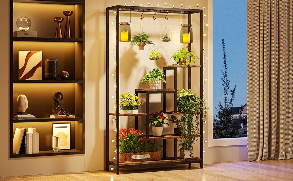 Tribesigns 5 Tiers Tall Indoor Plant Stand 70.9 inches Large Metal Plant Shelf with 10 PC S Hanging Hooks for Garden