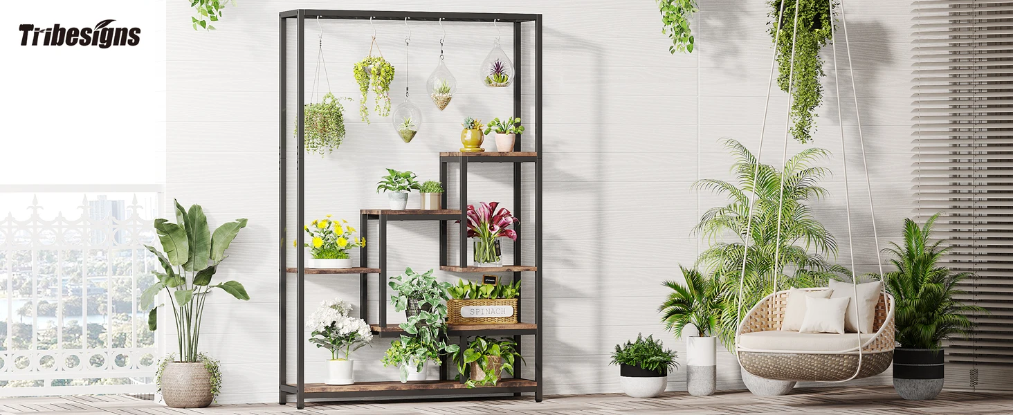 Tribesigns 5 Tiers Tall Indoor Plant Stand 70.9 inches Large Metal Plant Shelf with 10 PC S Hanging Hooks for Garden