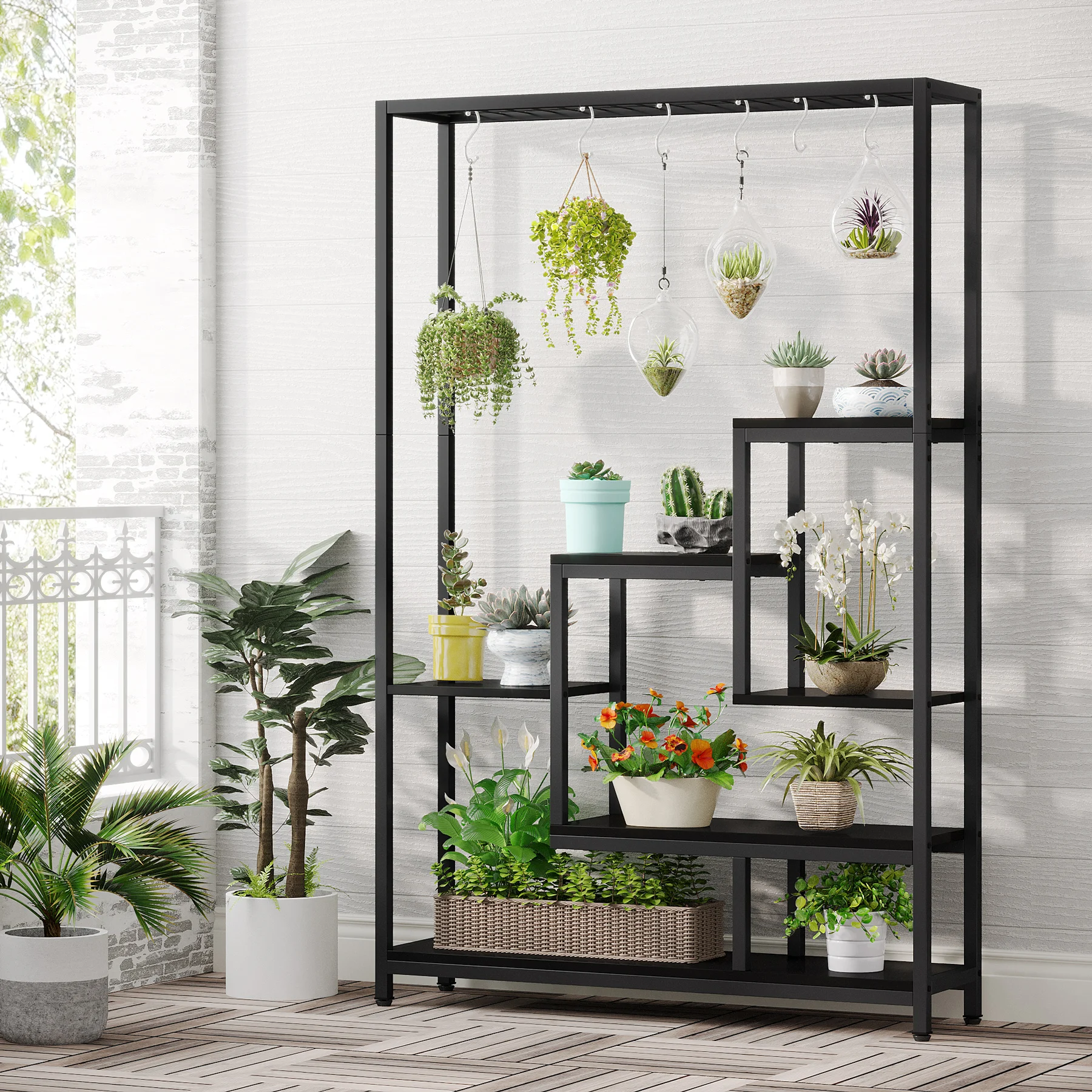 Tribesigns 5 Tiers Tall Indoor Plant Stand 70.9 inches Large Metal Plant Shelf with 10 PC S Hanging Hooks for Garden
