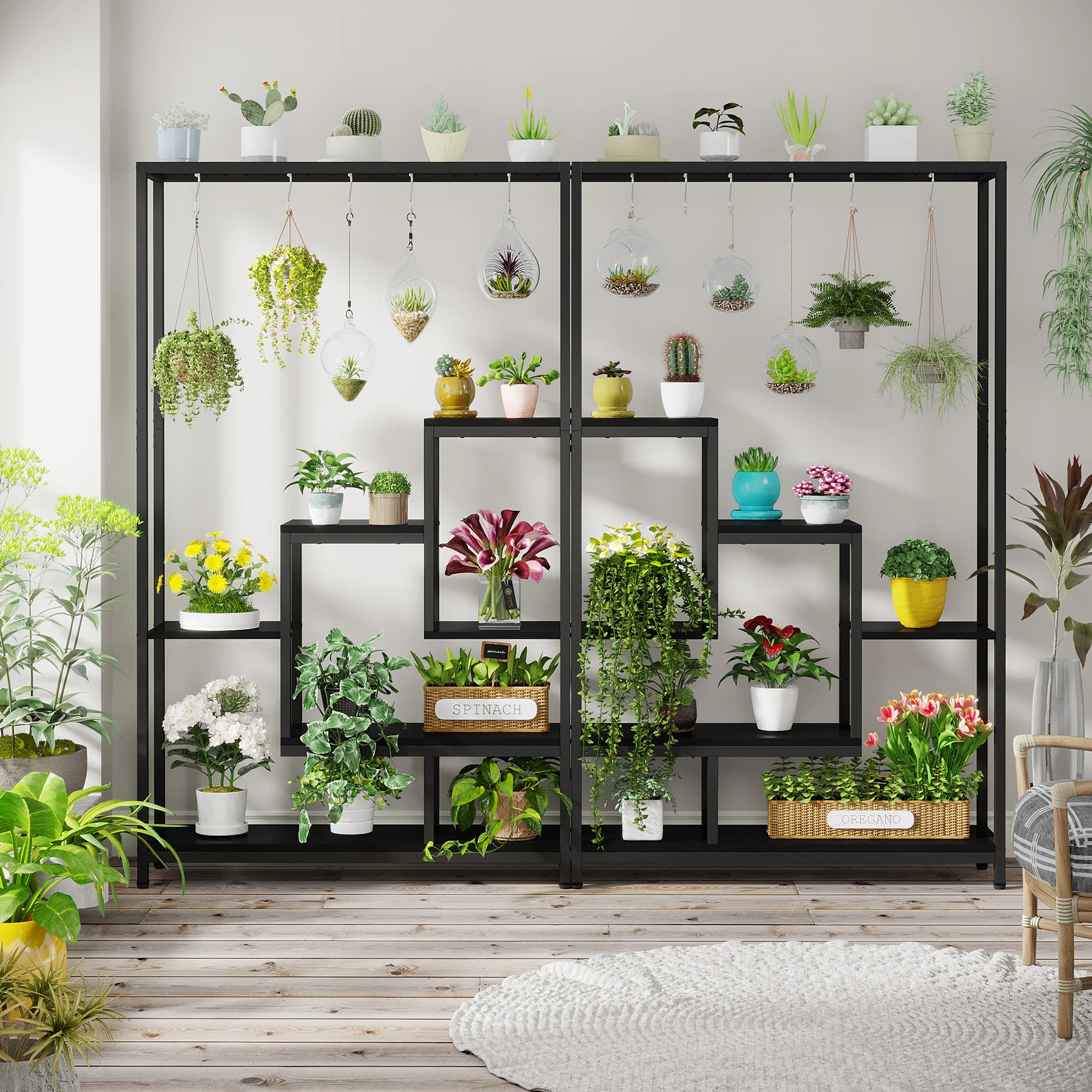 Tribesigns 5 Tiers Tall Indoor Plant Stand 70.9 inches Large Metal Plant Shelf with 10 PC S Hanging Hooks for Garden