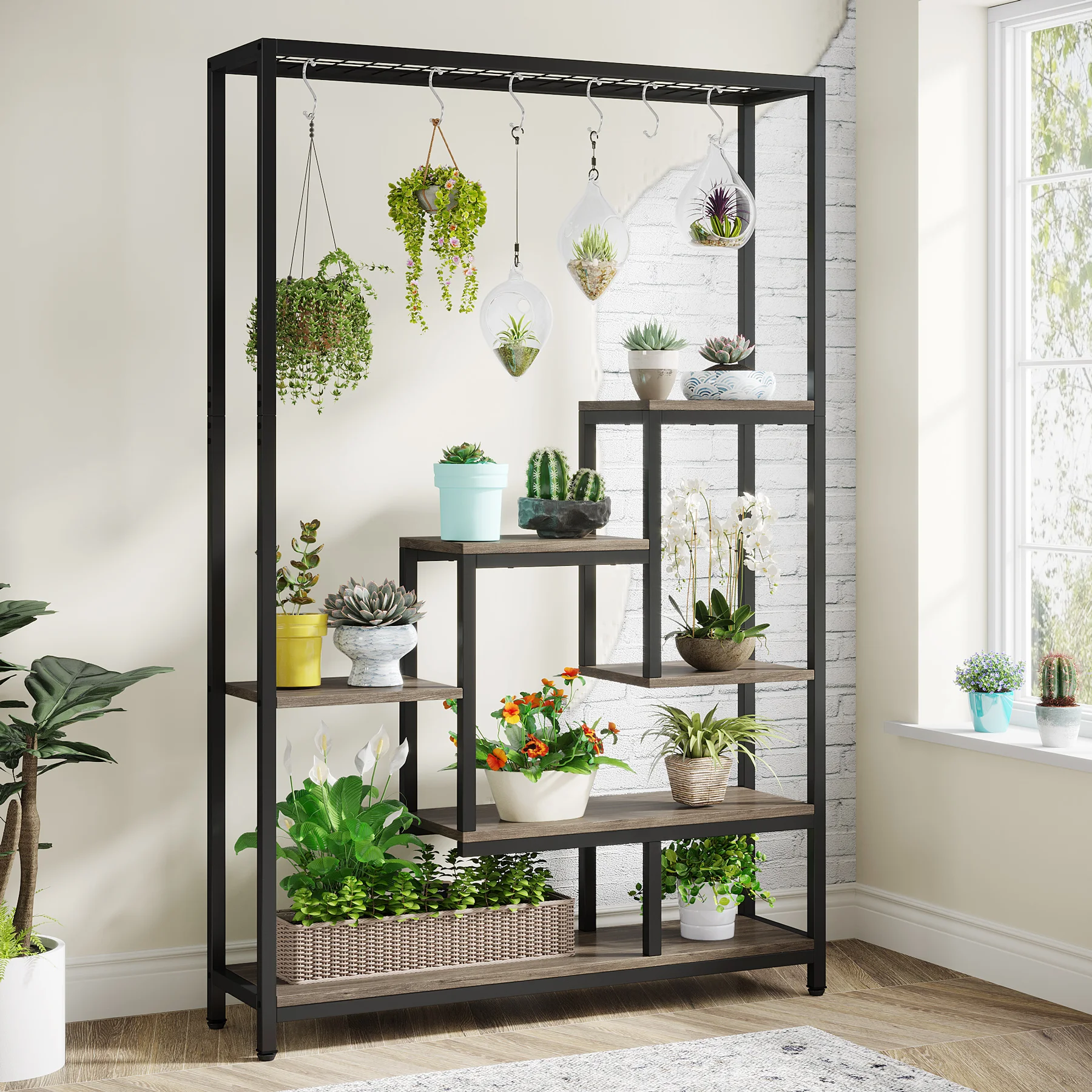 Tribesigns 5 Tiers Tall Indoor Plant Stand 70.9 inches Large Metal Plant Shelf with 10 PC S Hanging Hooks for Garden