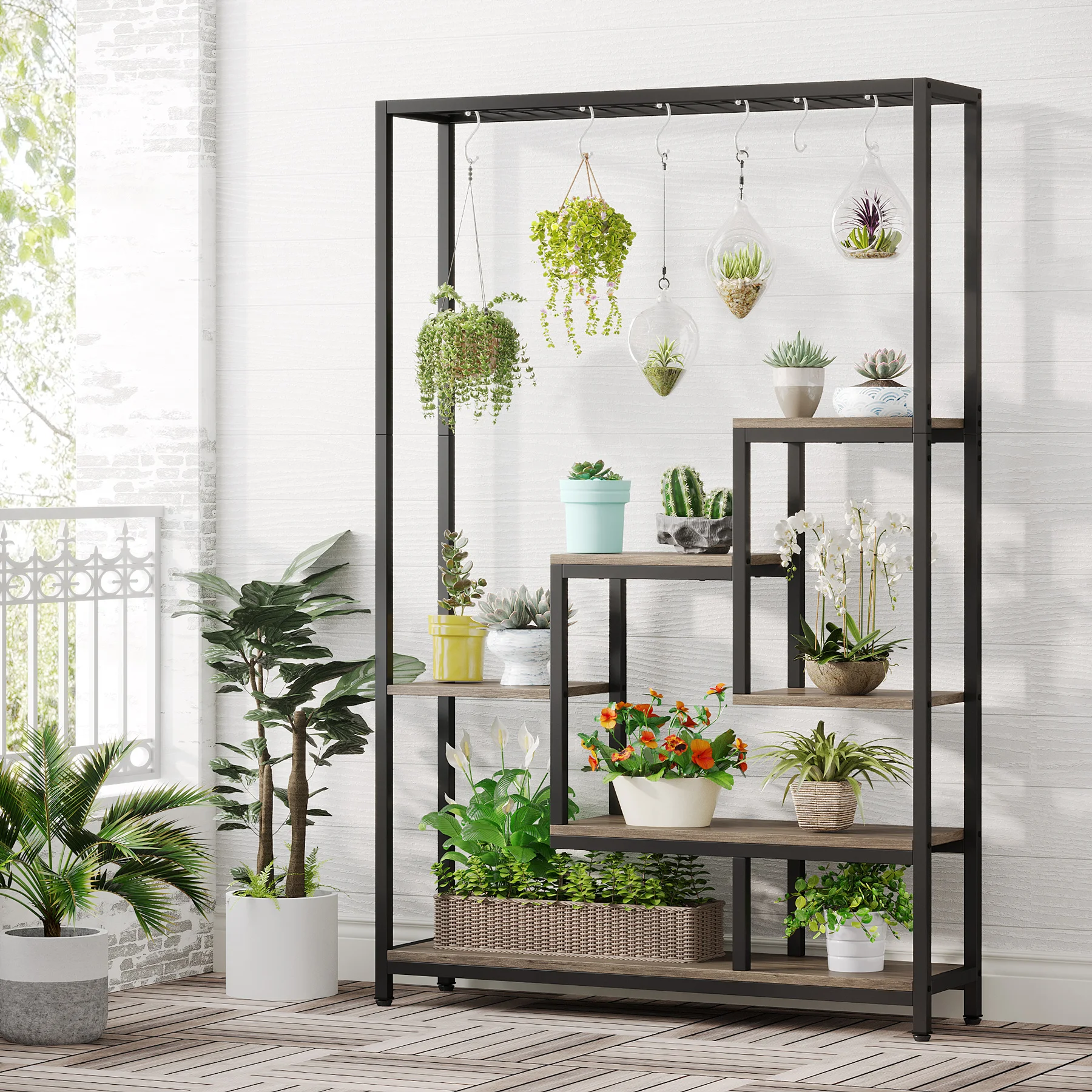 Tribesigns 5 Tiers Tall Indoor Plant Stand 70.9 inches Large Metal Plant Shelf with 10 PC S Hanging Hooks for Garden