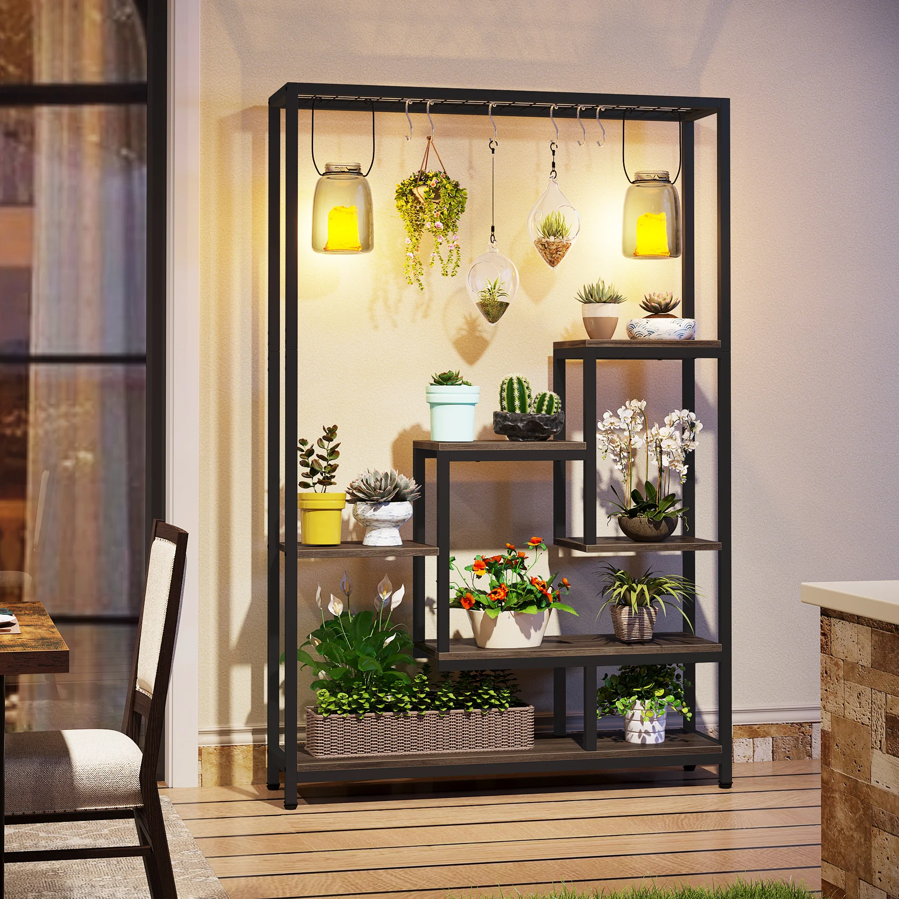 Tribesigns 5 Tiers Tall Indoor Plant Stand 70.9 inches Large Metal Plant Shelf with 10 PC S Hanging Hooks for Garden