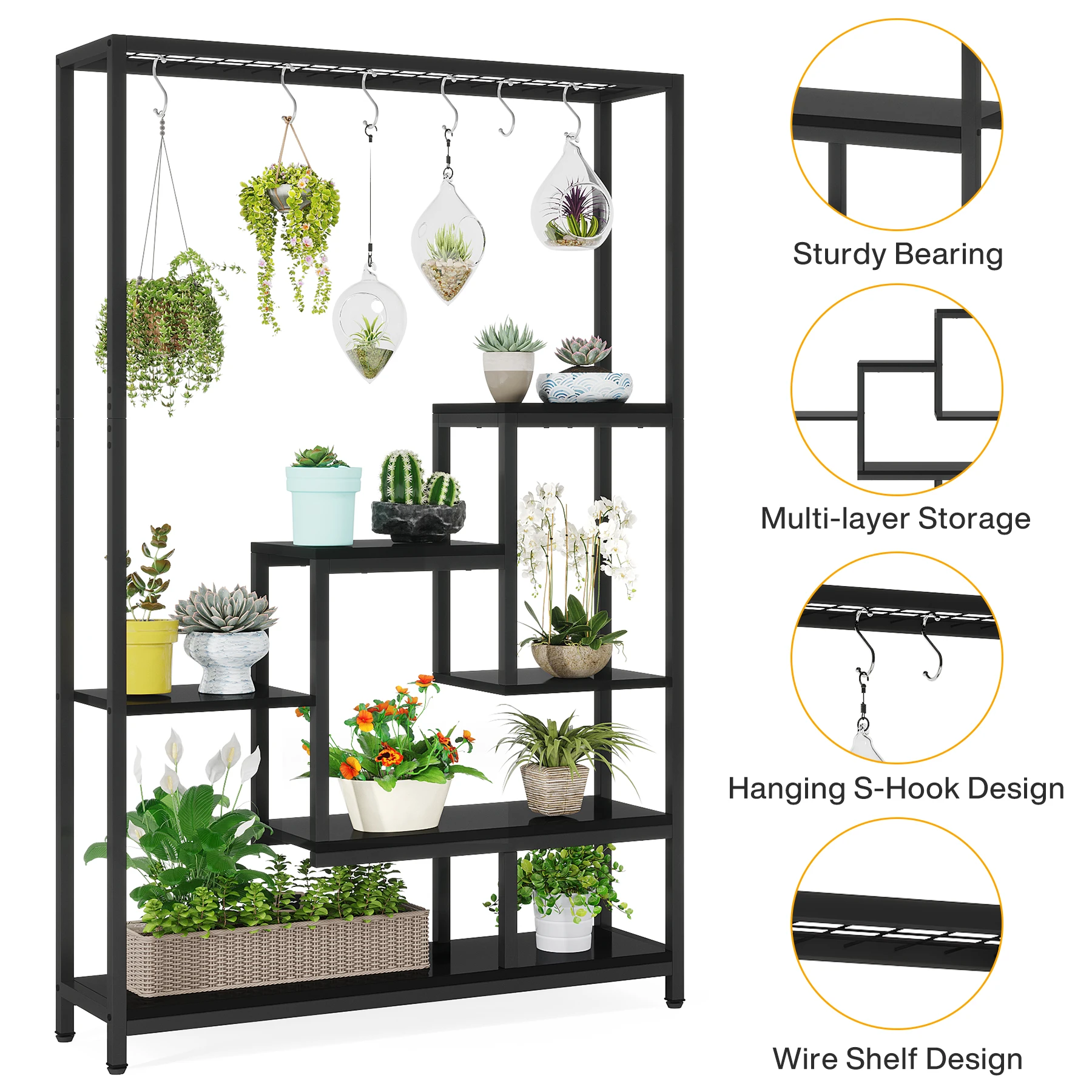 Tribesigns 5 Tiers Tall Indoor Plant Stand 70.9 inches Large Metal Plant Shelf with 10 PC S Hanging Hooks for Garden