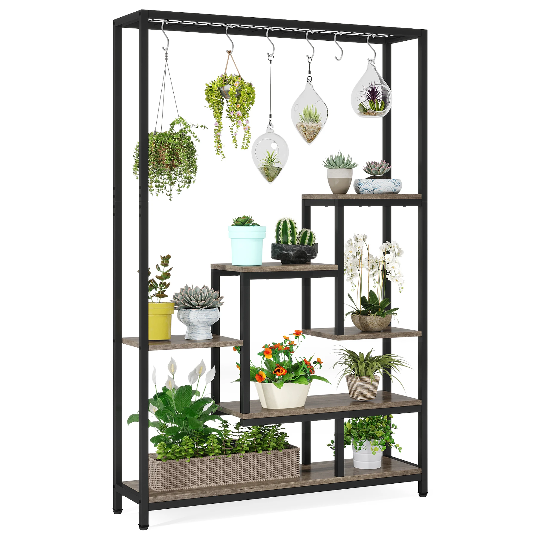 Tribesigns 5 Tiers Tall Indoor Plant Stand 70.9 inches Large Metal Plant Shelf with 10 PC S Hanging Hooks for Garden