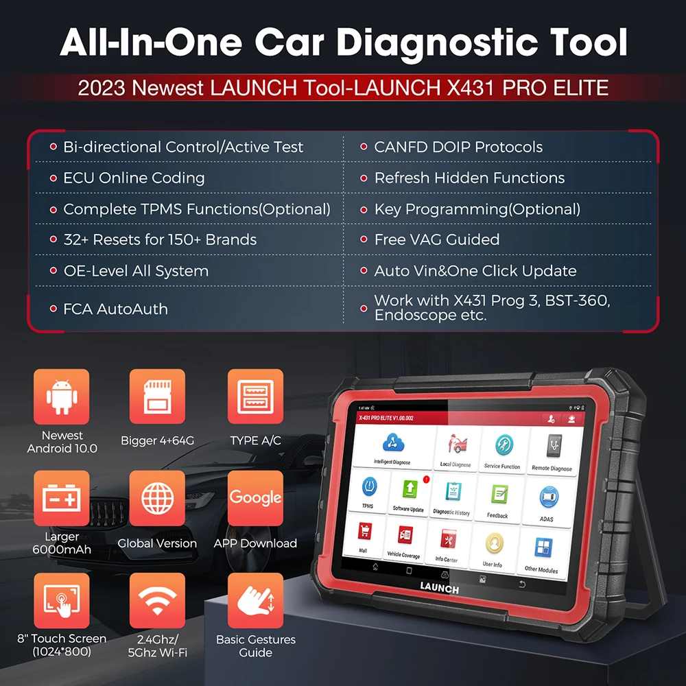 LAUNCH X431 PRO Elite OBD2 Scanner Scan Tool with CANFD DOIP Automotive Diagnostic Tool ECU Coding Full System,37+ Resets,FCA