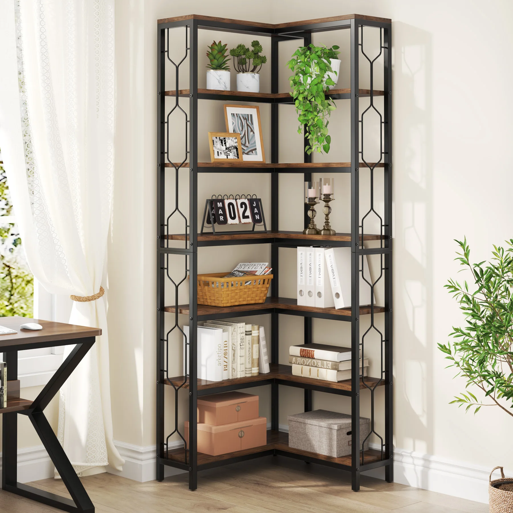 Tribesigns 7-Shelf Corner Bookshelf,Large Modern Corner Bookcase, 7-Tier Tall Corner Shelf Storage Display Rack with Metal Frame