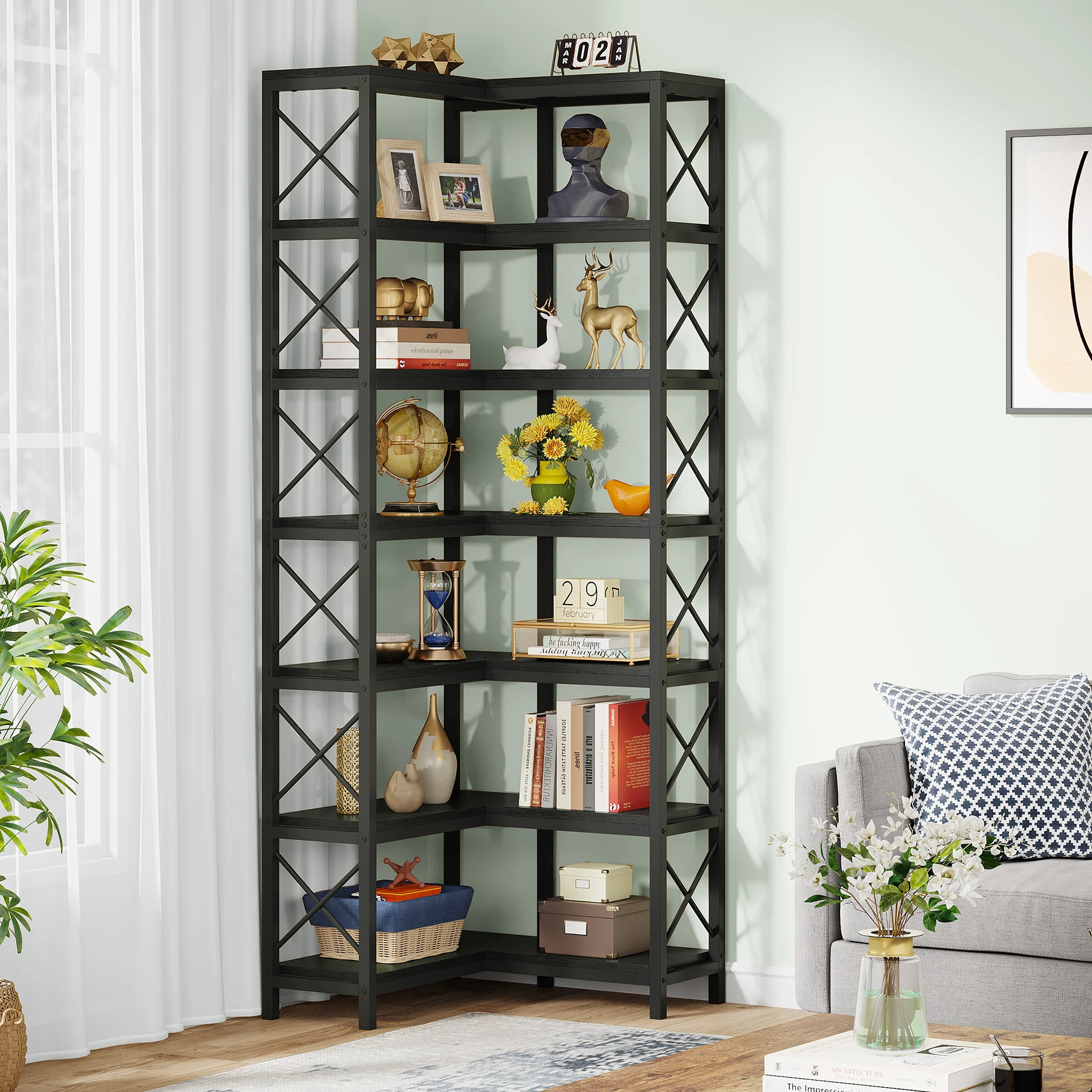 Tribesigns 7-Shelf Corner Bookshelf,Large Modern Corner Bookcase, 7-Tier Tall Corner Shelf Storage Display Rack with Metal Frame