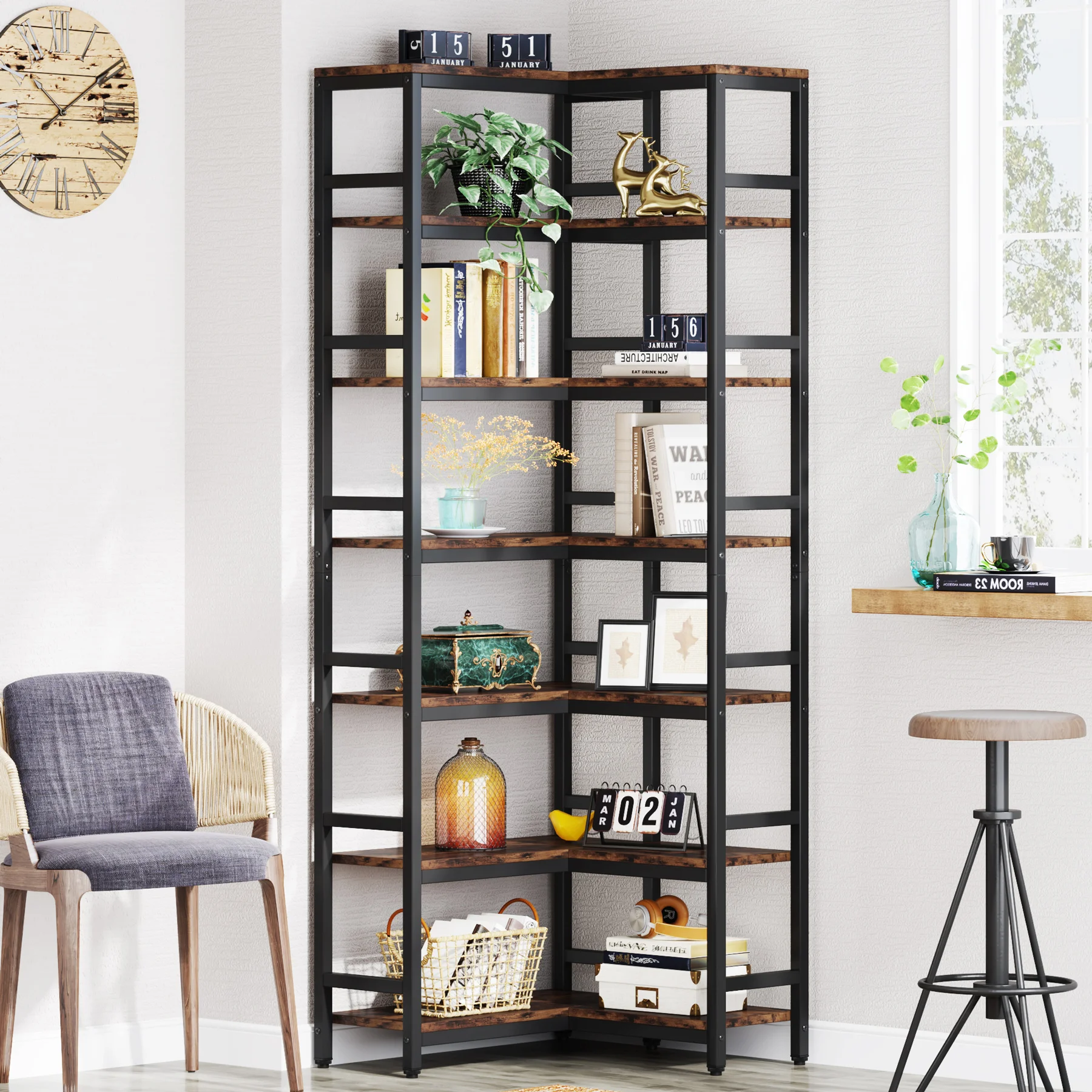 Tribesigns 7-Shelf Corner Bookshelf,Large Modern Corner Bookcase, 7-Tier Tall Corner Shelf Storage Display Rack with Metal Frame