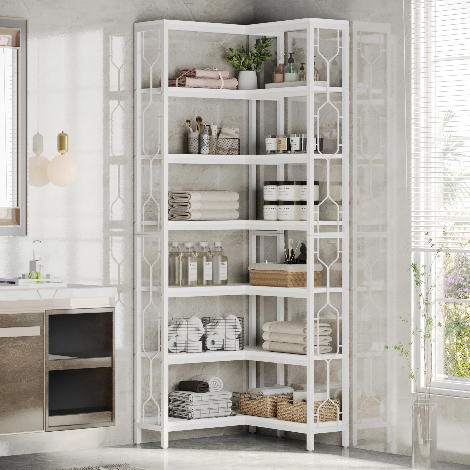 Tribesigns 7-Shelf Corner Bookshelf,Large Modern Corner Bookcase, 7-Tier Tall Corner Shelf Storage Display Rack with Metal Frame