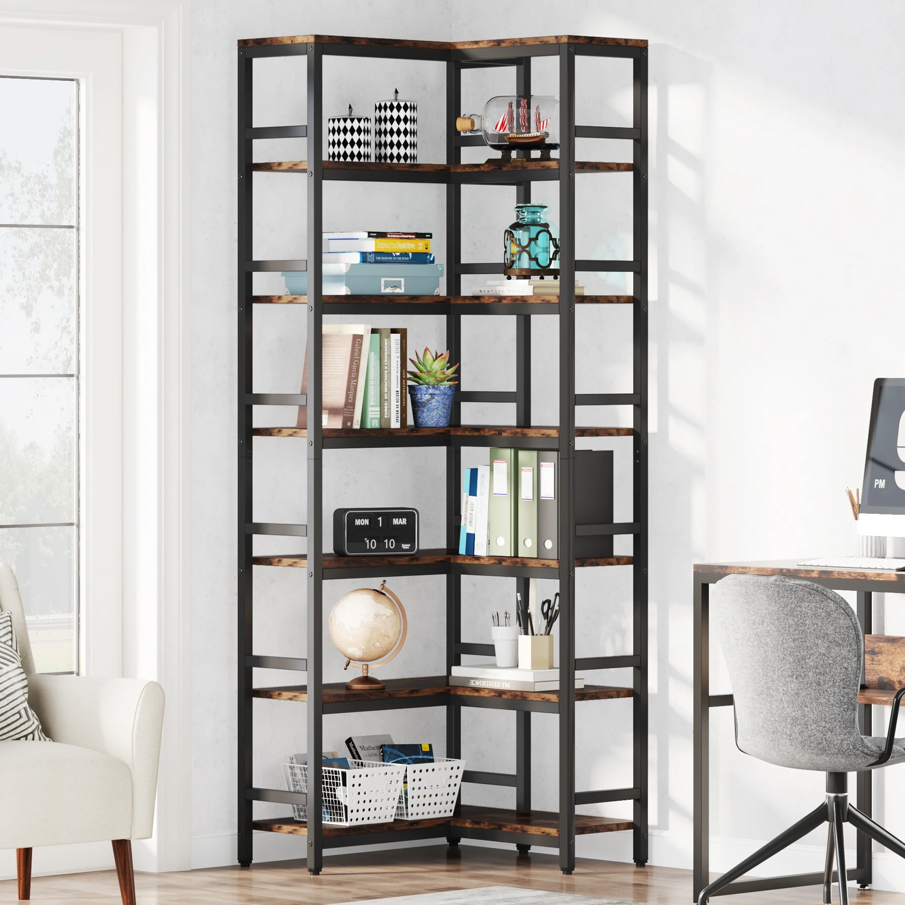 Tribesigns 7-Shelf Corner Bookshelf,Large Modern Corner Bookcase, 7-Tier Tall Corner Shelf Storage Display Rack with Metal Frame
