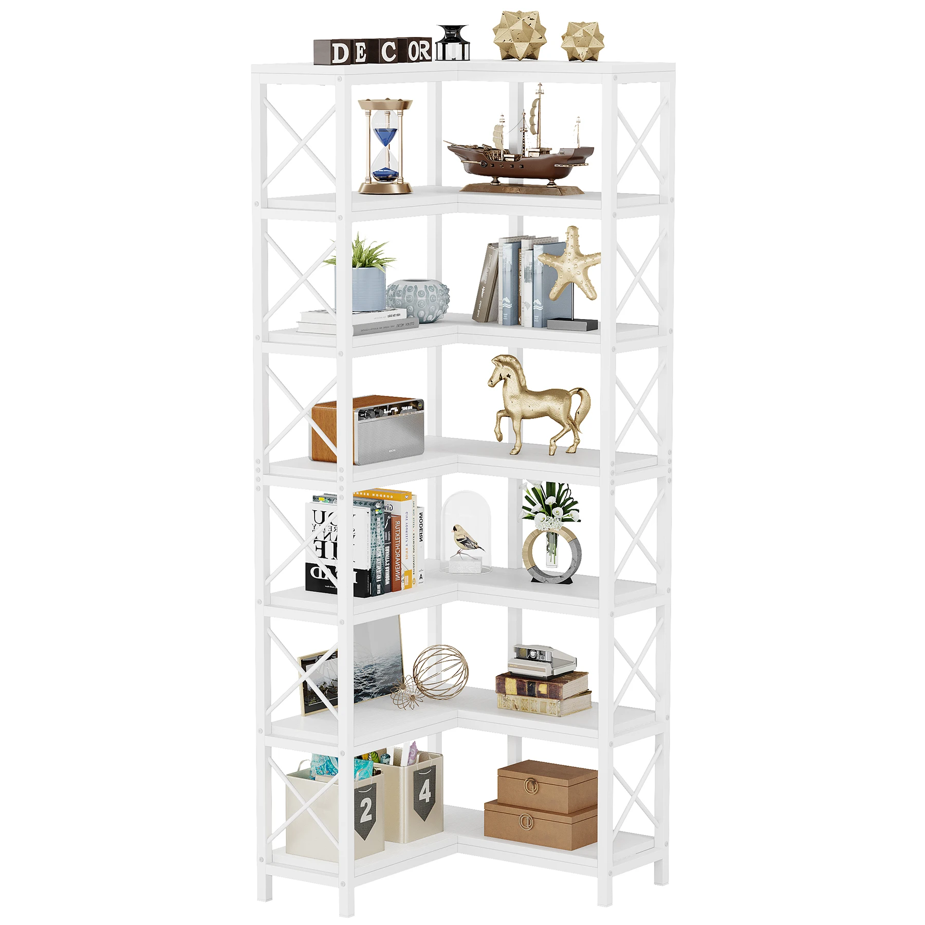 Tribesigns 7-Shelf Corner Bookshelf,Large Modern Corner Bookcase, 7-Tier Tall Corner Shelf Storage Display Rack with Metal Frame