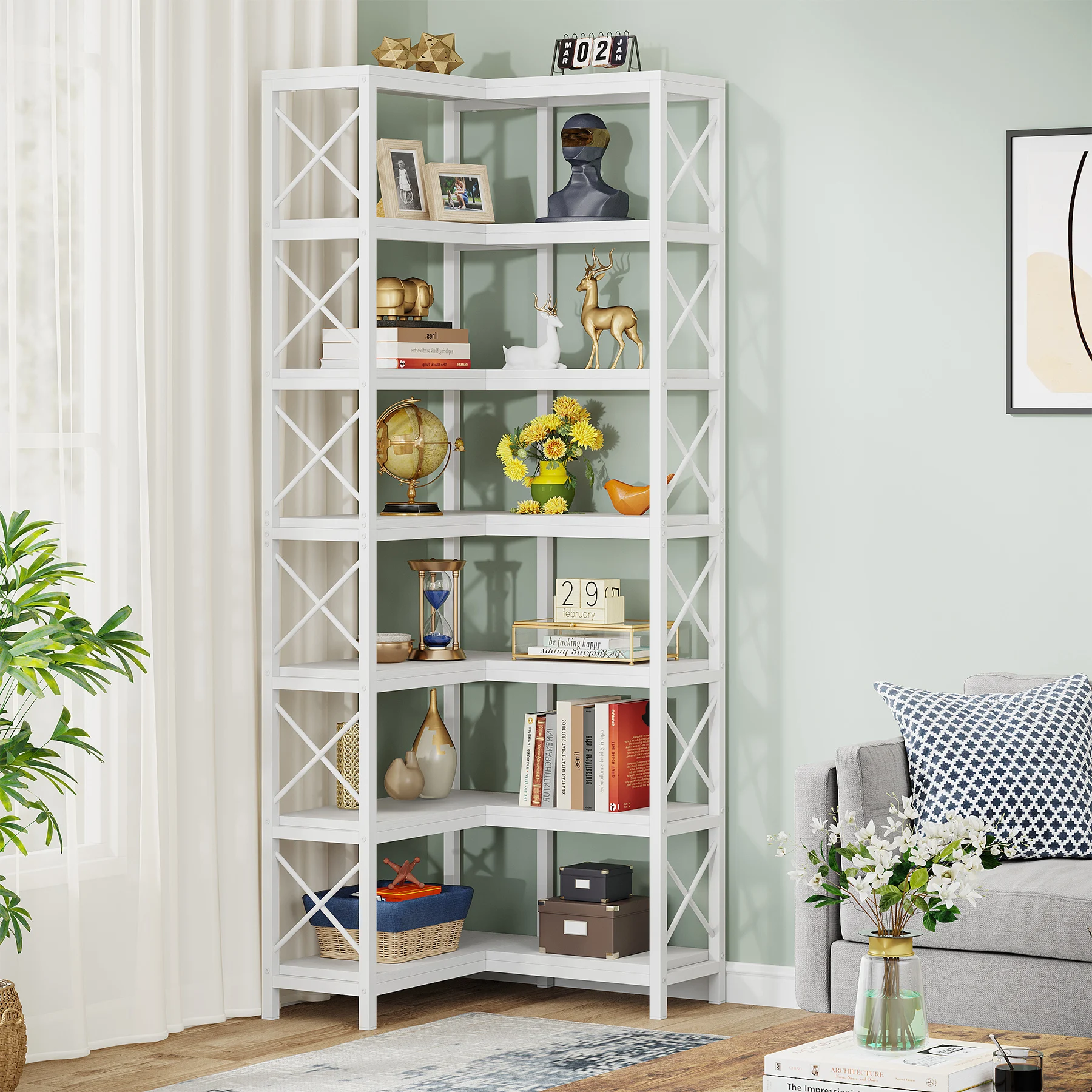 Tribesigns 7-Shelf Corner Bookshelf,Large Modern Corner Bookcase, 7-Tier Tall Corner Shelf Storage Display Rack with Metal Frame