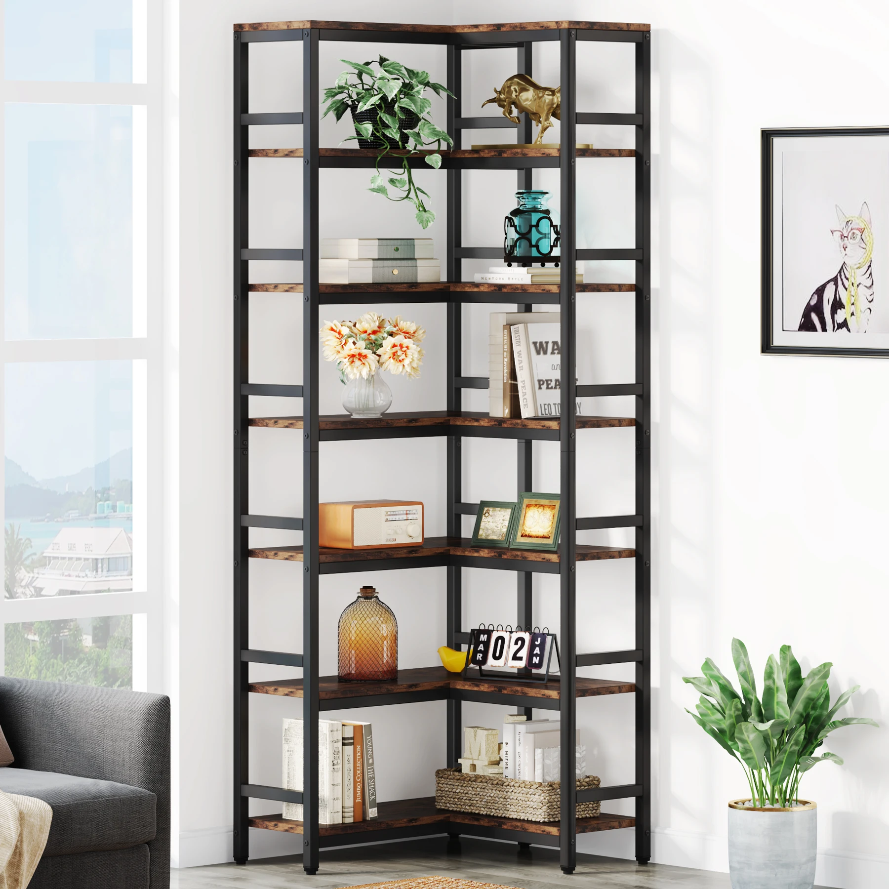 Tribesigns 7-Shelf Corner Bookshelf,Large Modern Corner Bookcase, 7-Tier Tall Corner Shelf Storage Display Rack with Metal Frame
