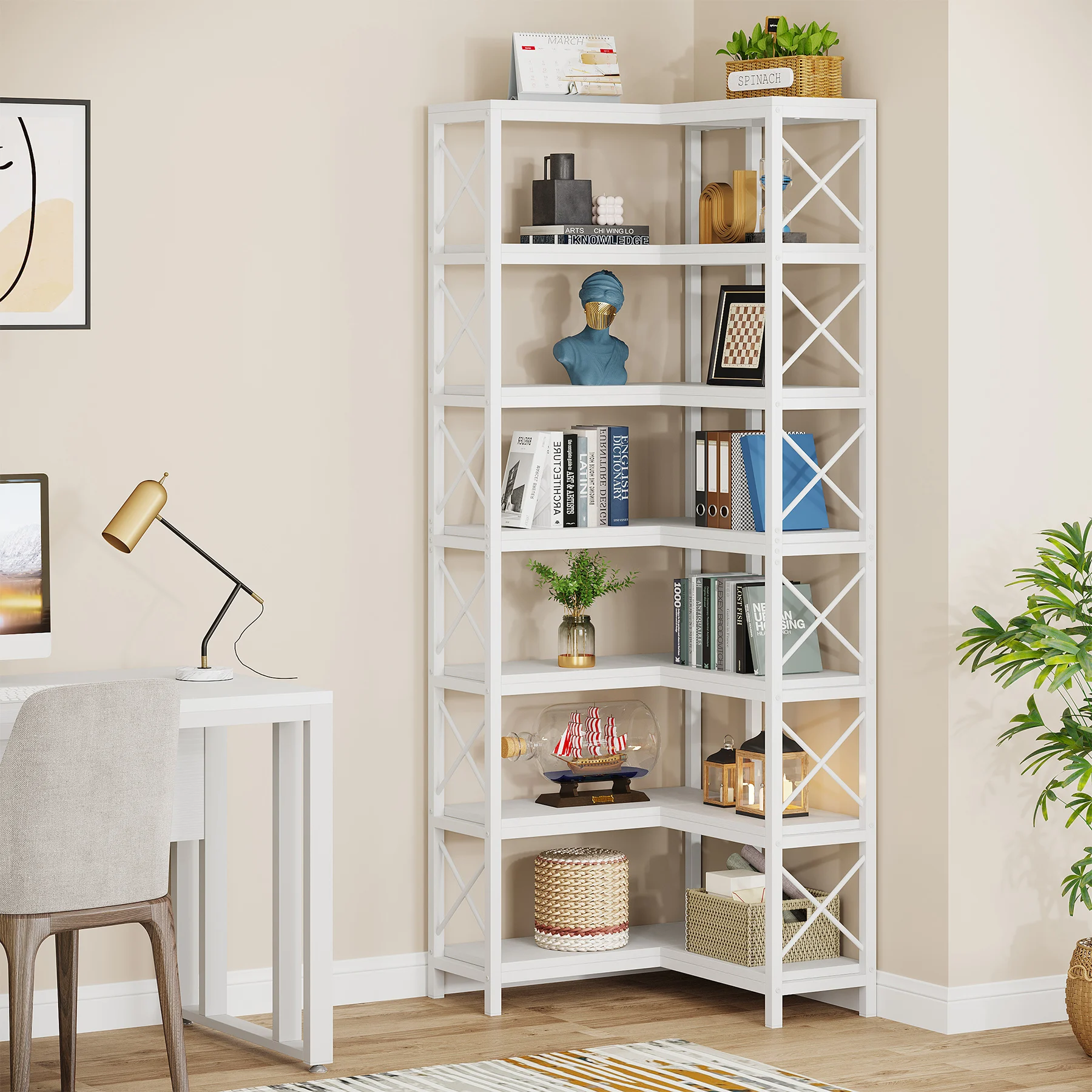 Tribesigns 7-Shelf Corner Bookshelf,Large Modern Corner Bookcase, 7-Tier Tall Corner Shelf Storage Display Rack with Metal Frame