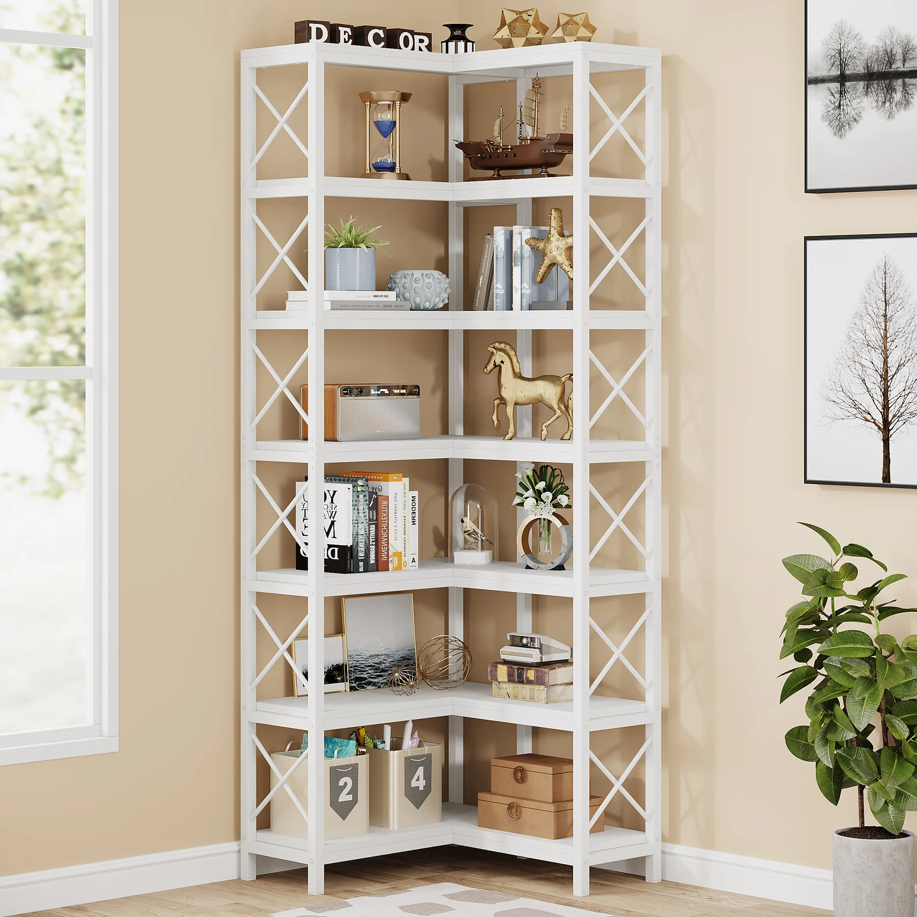Tribesigns 7-Shelf Corner Bookshelf,Large Modern Corner Bookcase, 7-Tier Tall Corner Shelf Storage Display Rack with Metal Frame