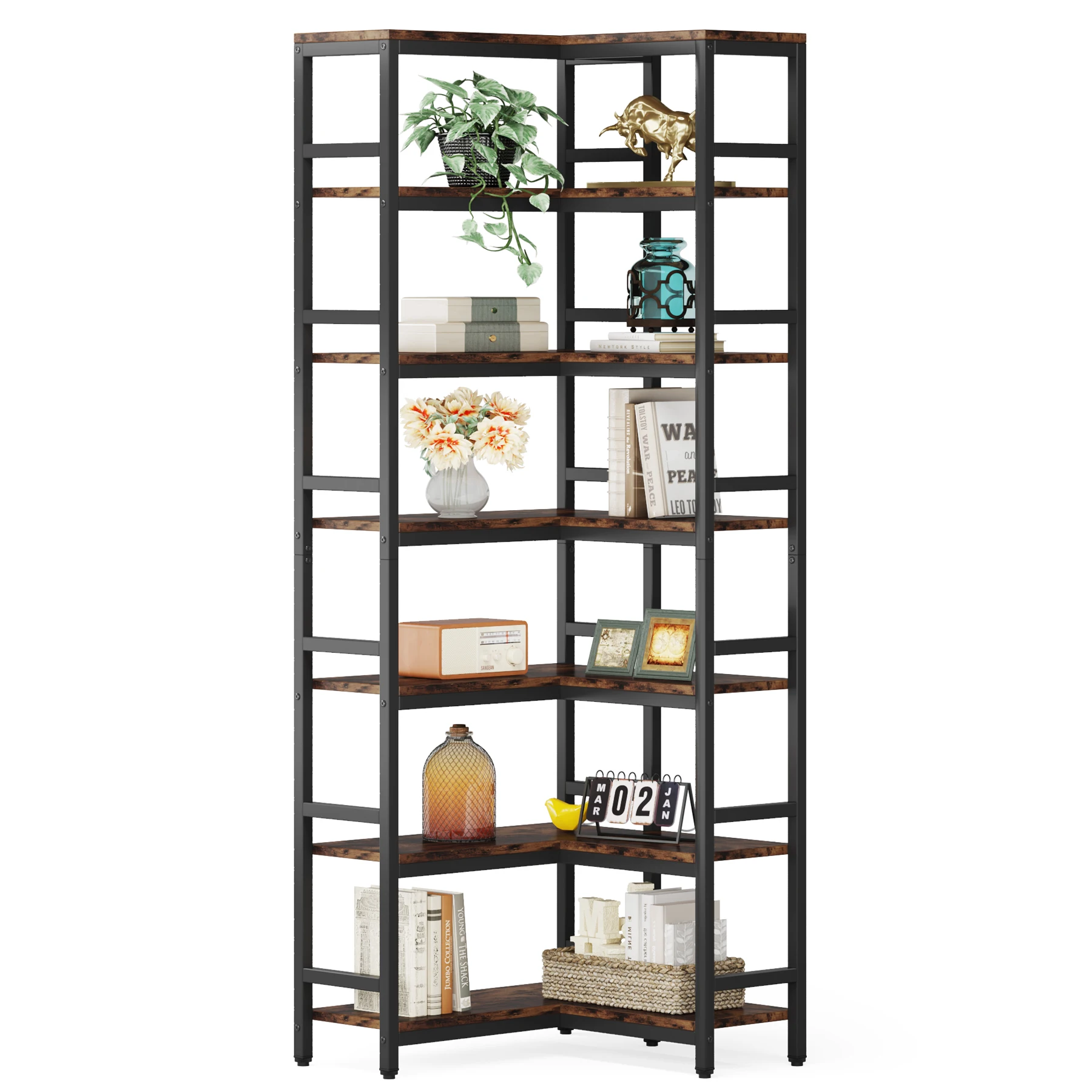 Tribesigns 7-Shelf Corner Bookshelf,Large Modern Corner Bookcase, 7-Tier Tall Corner Shelf Storage Display Rack with Metal Frame