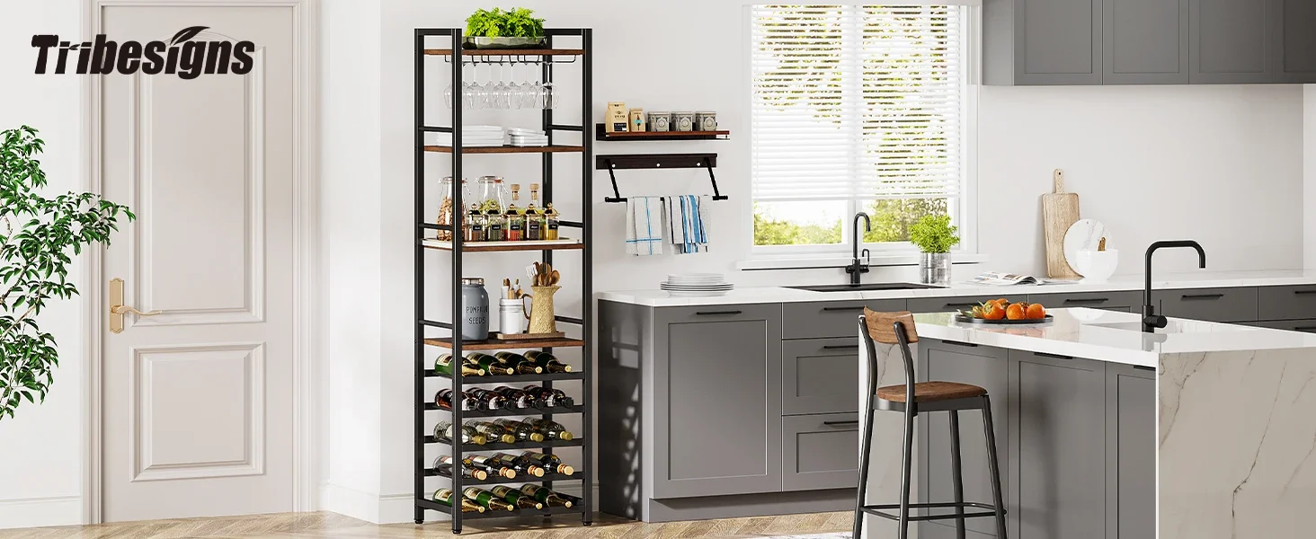 Tribesigns 20 Bottle Wine Bakers Rack, 9 Tier Freestanding Wine Rack with Glass Holder and Storage Shelves