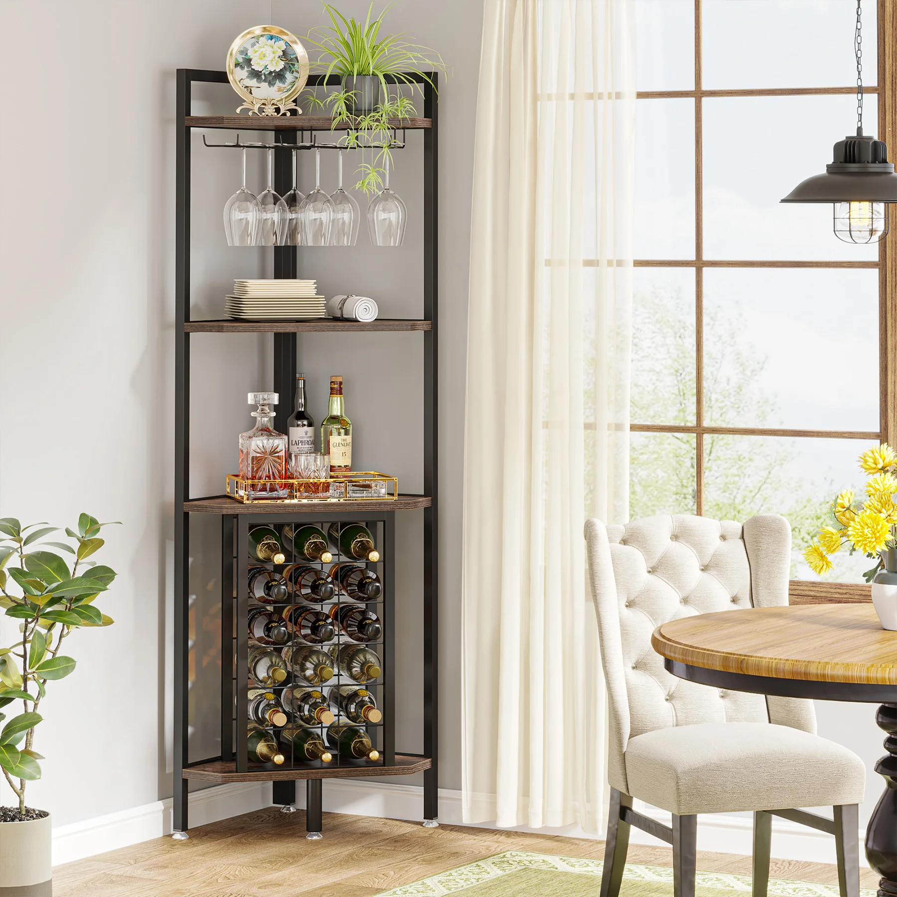 Tribesigns 20 Bottle Wine Bakers Rack, 9 Tier Freestanding Wine Rack with Glass Holder and Storage Shelves