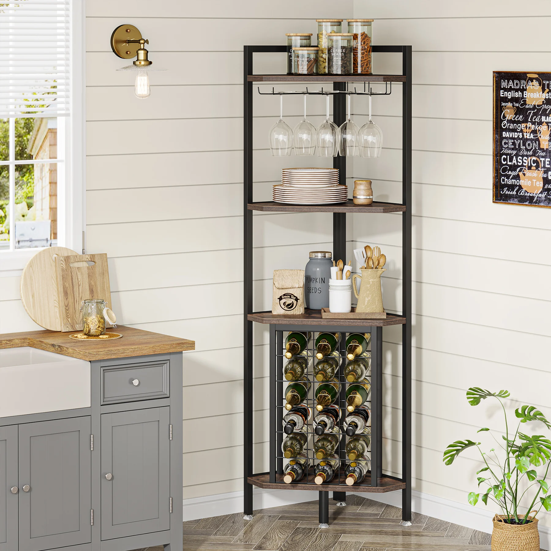 Tribesigns 20 Bottle Wine Bakers Rack, 9 Tier Freestanding Wine Rack with Glass Holder and Storage Shelves