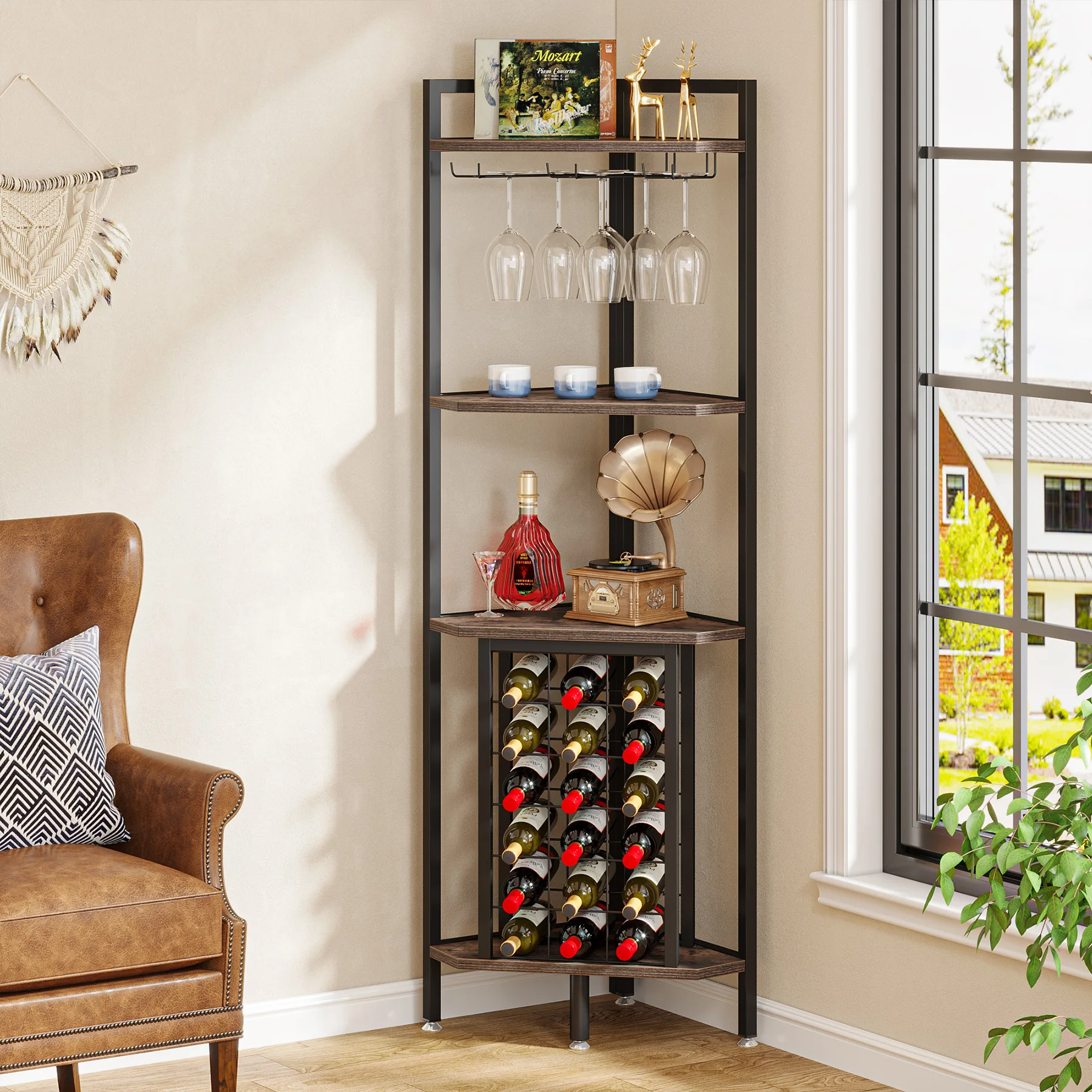 Tribesigns 20 Bottle Wine Bakers Rack, 9 Tier Freestanding Wine Rack with Glass Holder and Storage Shelves