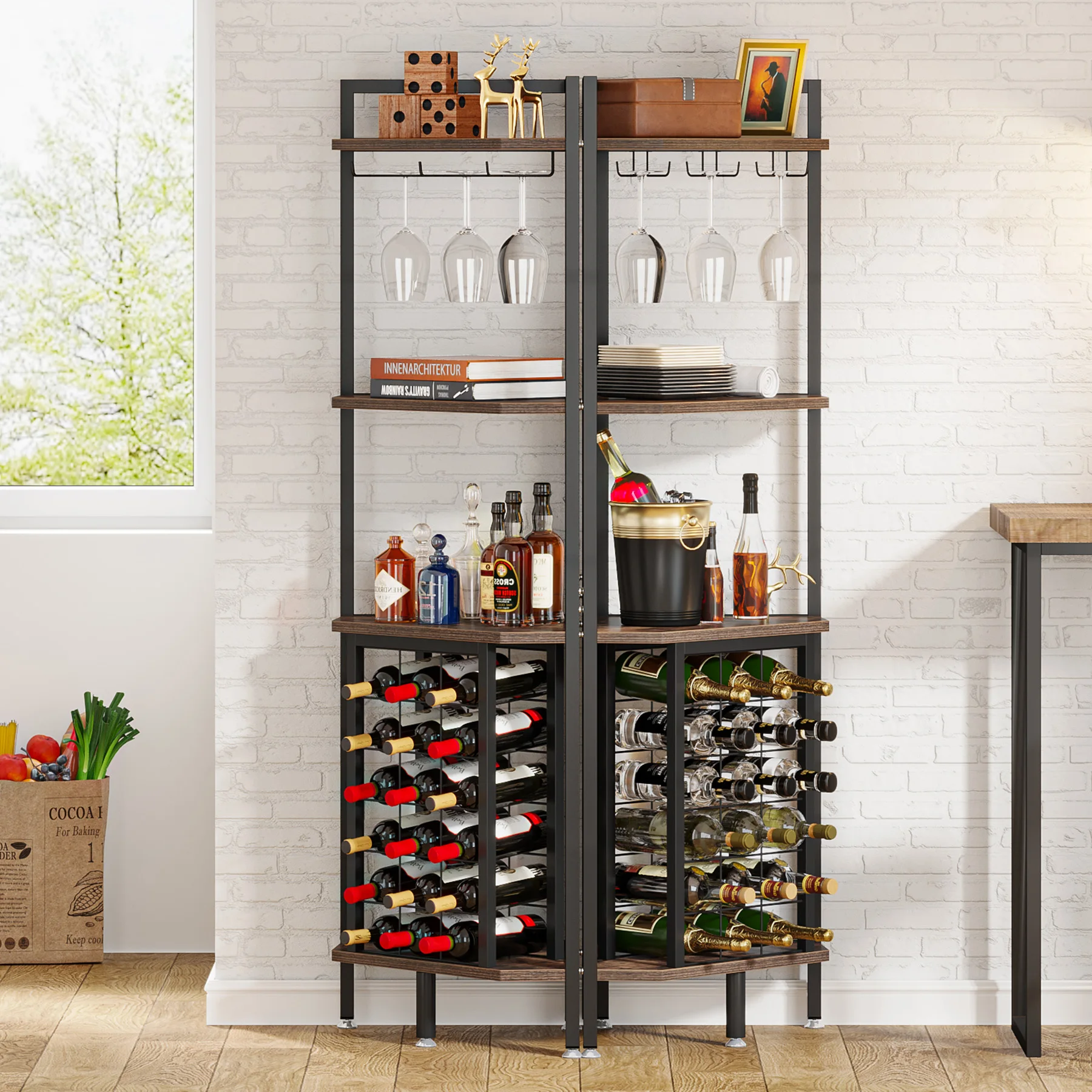 Tribesigns 20 Bottle Wine Bakers Rack, 9 Tier Freestanding Wine Rack with Glass Holder and Storage Shelves