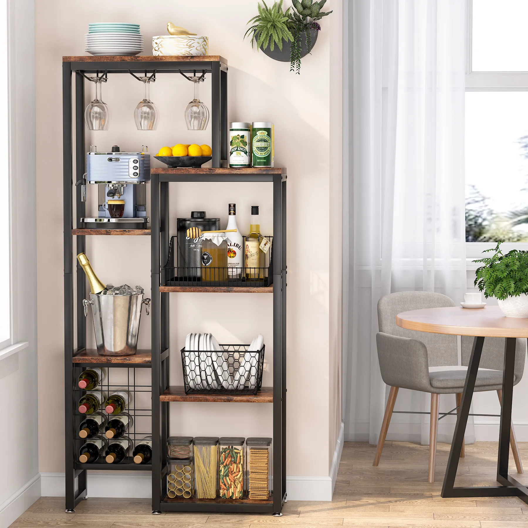 Tribesigns 20 Bottle Wine Bakers Rack, 9 Tier Freestanding Wine Rack with Glass Holder and Storage Shelves