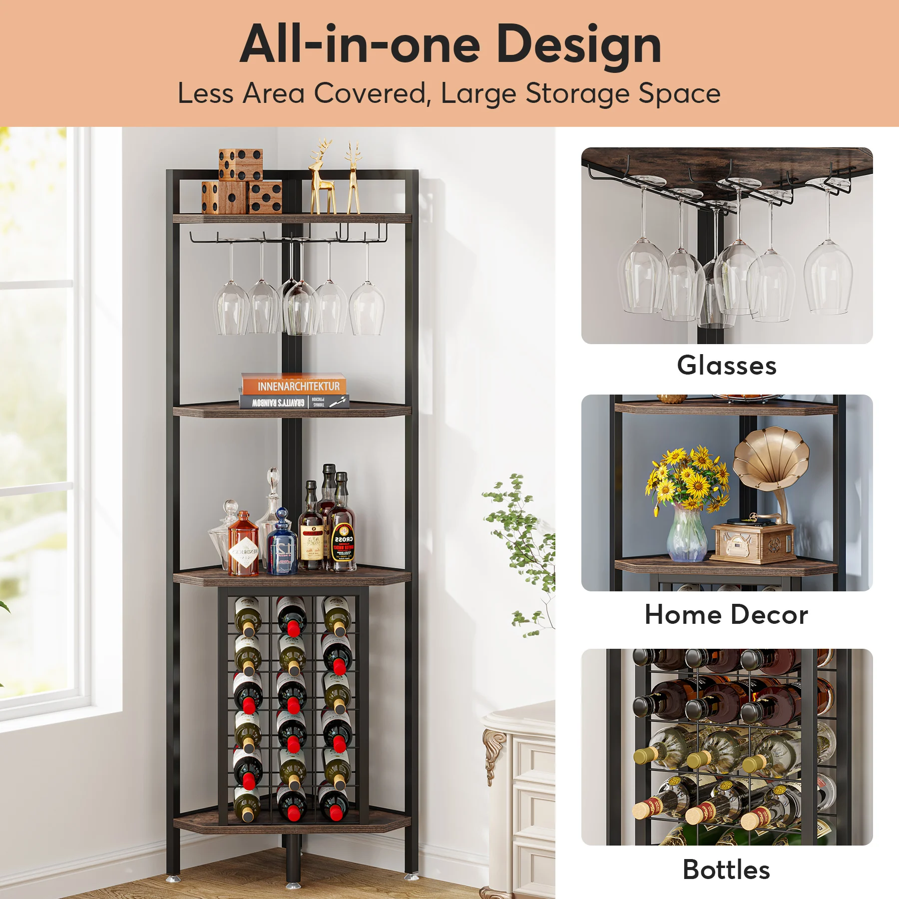 Tribesigns 20 Bottle Wine Bakers Rack, 9 Tier Freestanding Wine Rack with Glass Holder and Storage Shelves