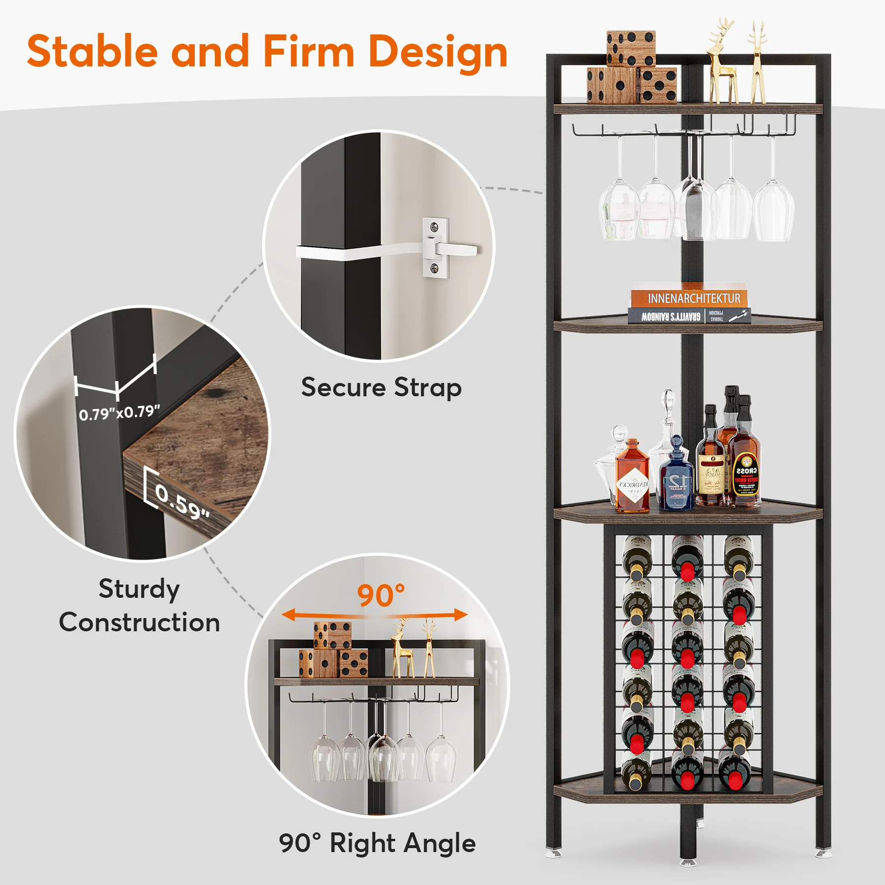 Tribesigns 20 Bottle Wine Bakers Rack, 9 Tier Freestanding Wine Rack with Glass Holder and Storage Shelves