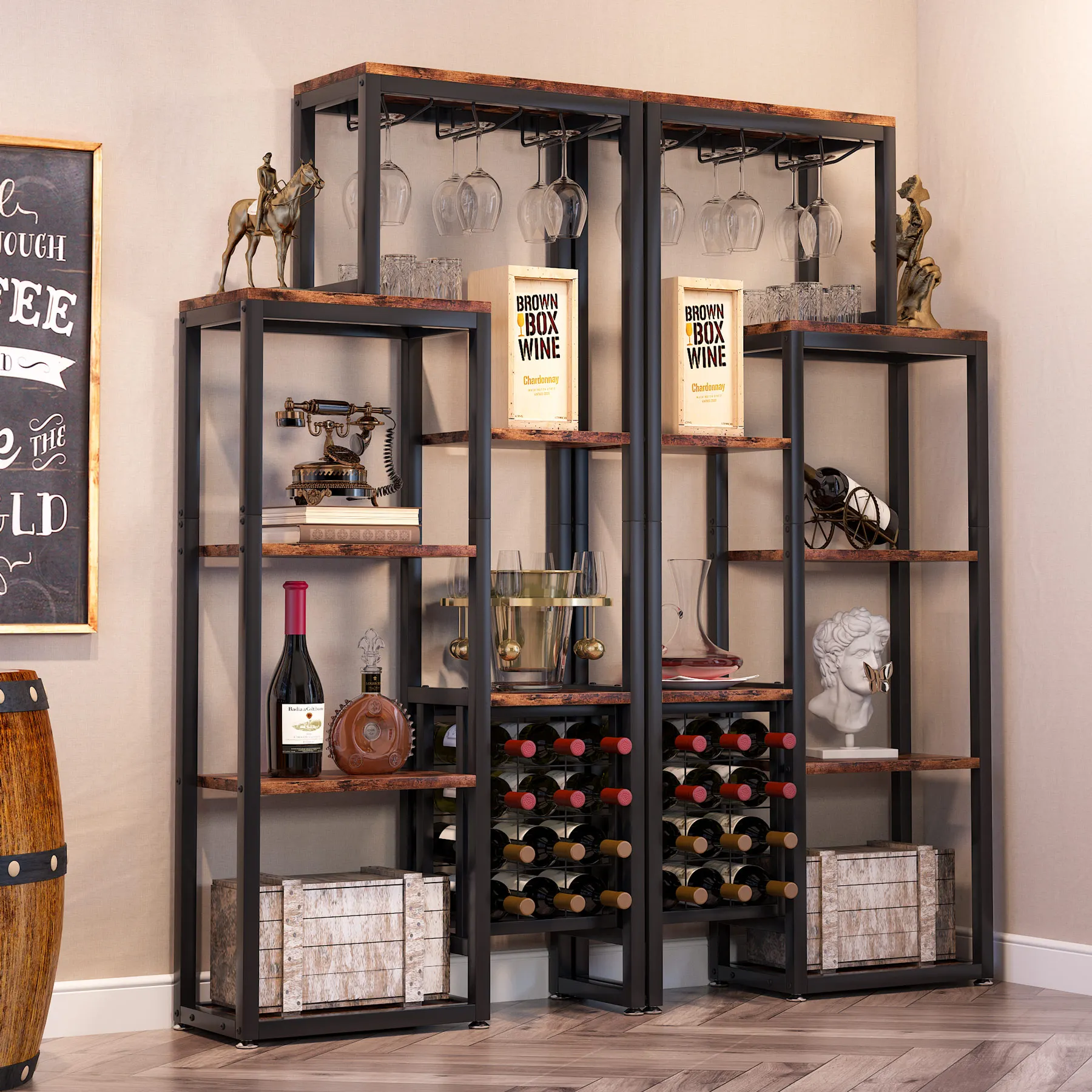 Tribesigns 20 Bottle Wine Bakers Rack, 9 Tier Freestanding Wine Rack with Glass Holder and Storage Shelves