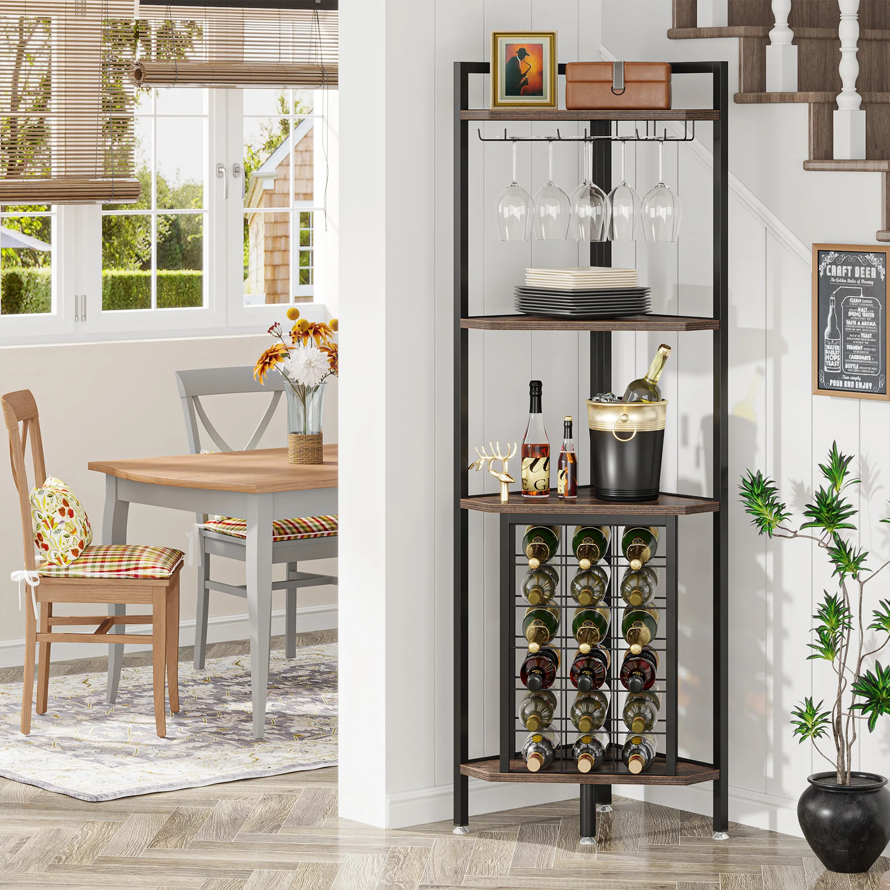 Tribesigns 20 Bottle Wine Bakers Rack, 9 Tier Freestanding Wine Rack with Glass Holder and Storage Shelves