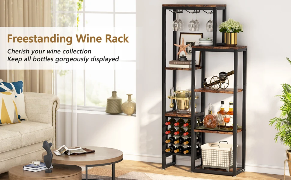 Tribesigns 20 Bottle Wine Bakers Rack, 9 Tier Freestanding Wine Rack with Glass Holder and Storage Shelves