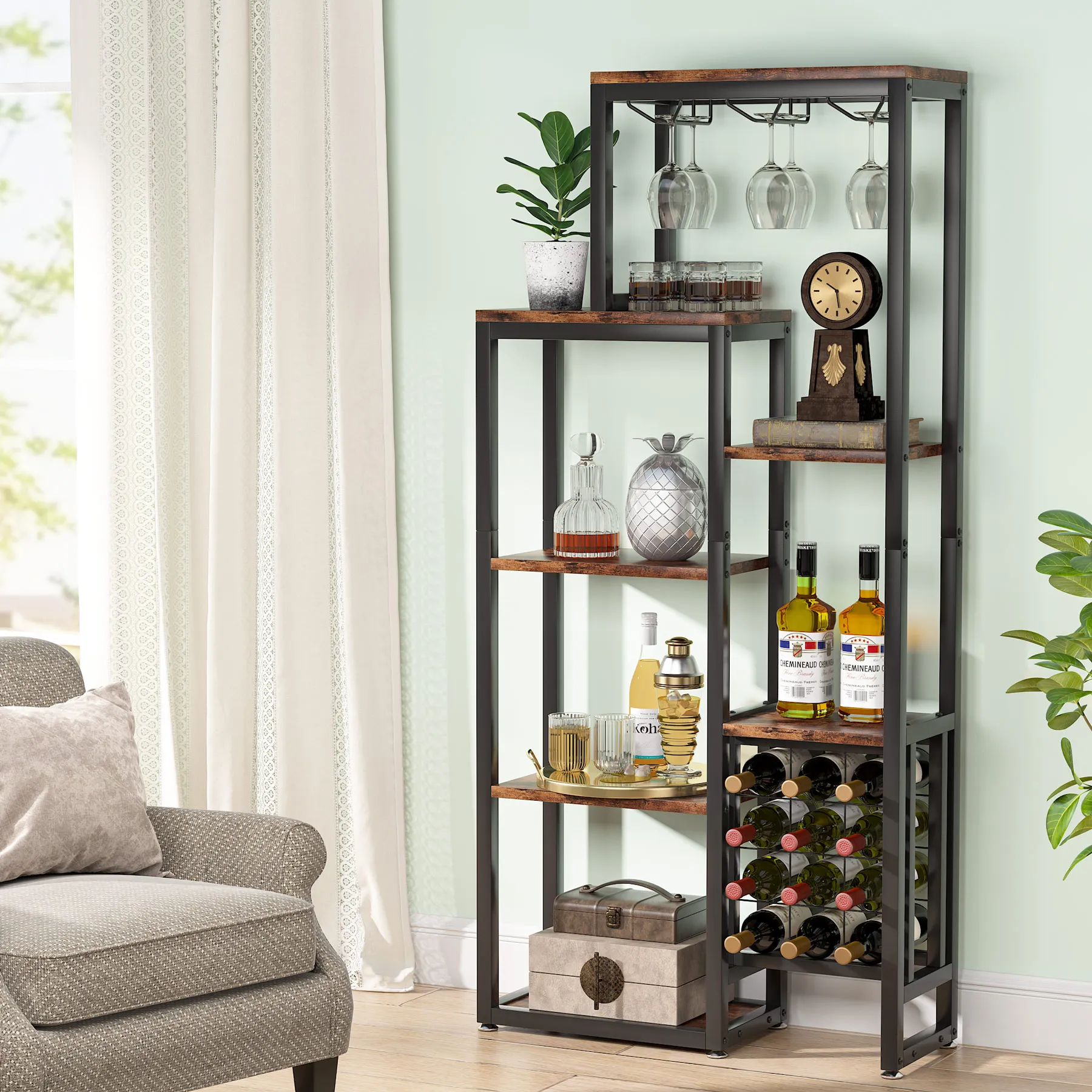 Tribesigns 20 Bottle Wine Bakers Rack, 9 Tier Freestanding Wine Rack with Glass Holder and Storage Shelves