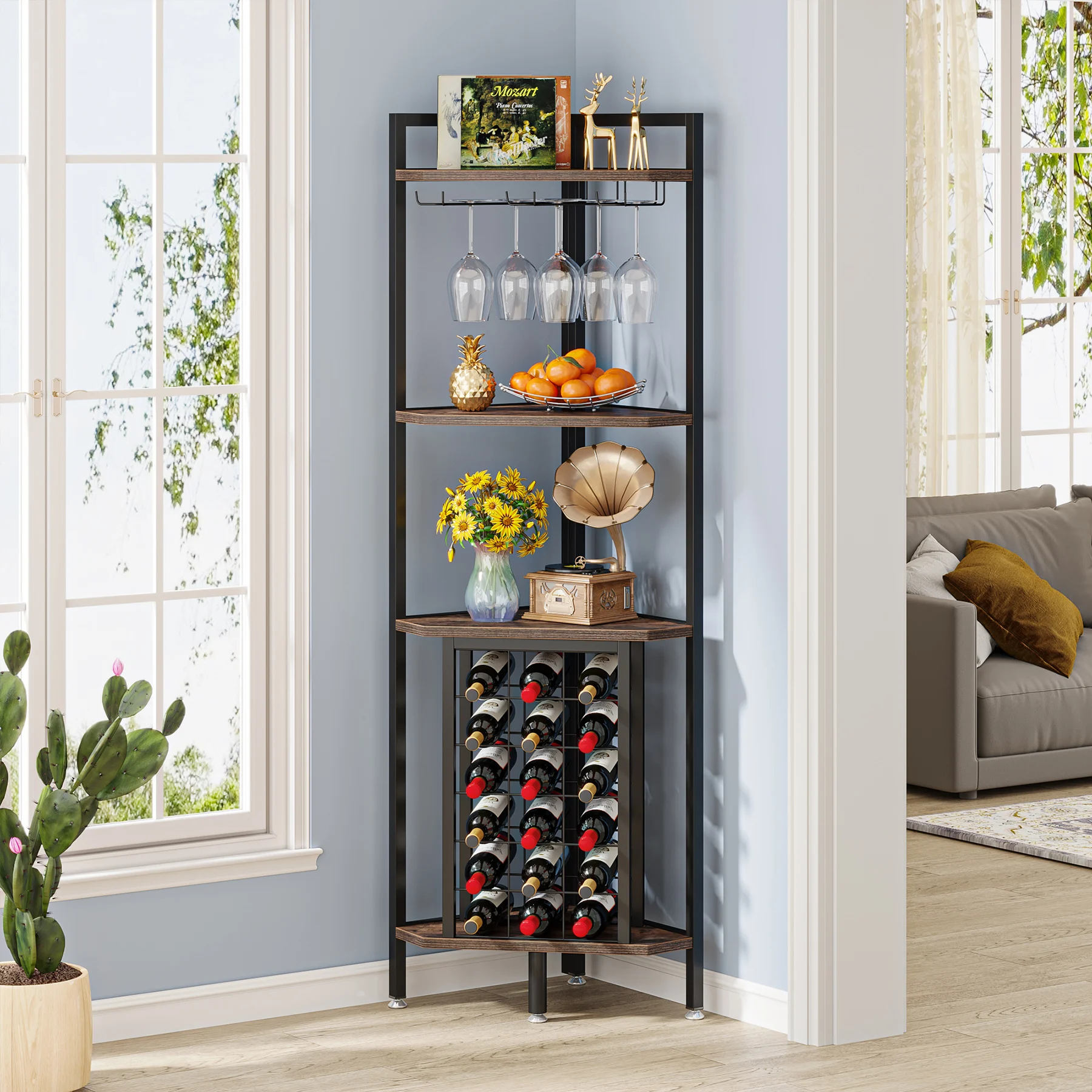 Tribesigns 20 Bottle Wine Bakers Rack, 9 Tier Freestanding Wine Rack with Glass Holder and Storage Shelves