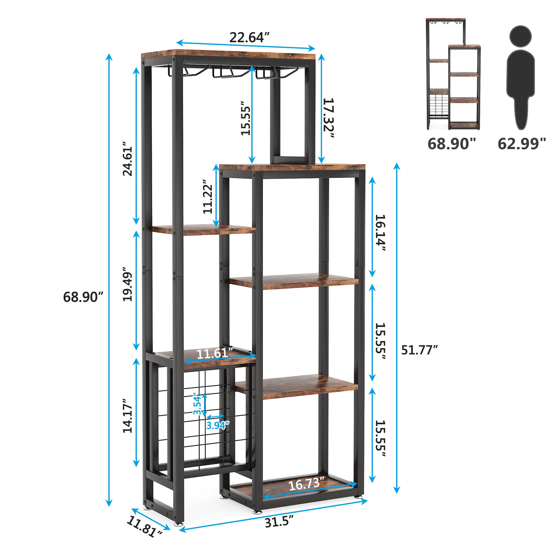 Tribesigns 20 Bottle Wine Bakers Rack, 9 Tier Freestanding Wine Rack with Glass Holder and Storage Shelves