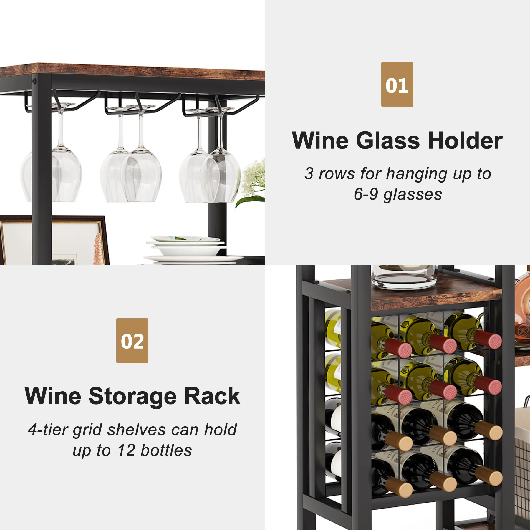 Tribesigns 20 Bottle Wine Bakers Rack, 9 Tier Freestanding Wine Rack with Glass Holder and Storage Shelves