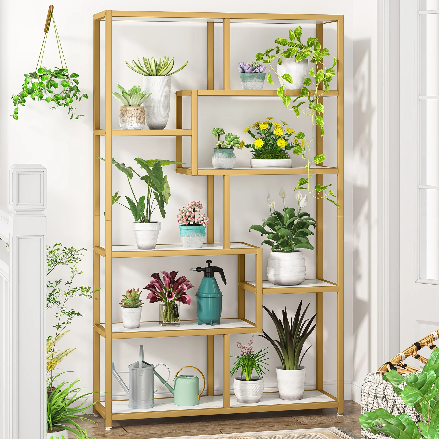Tribesigns Bookshelf Bookcase, Gold 8-Open Shelf Etagere Bookcase with Faux Marble, Modern Book Shelves Display Shelf