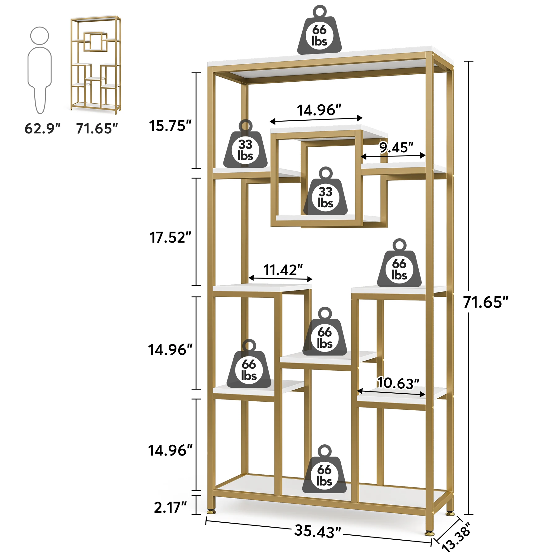 Tribesigns Bookshelf Bookcase, Gold 8-Open Shelf Etagere Bookcase with Faux Marble, Modern Book Shelves Display Shelf
