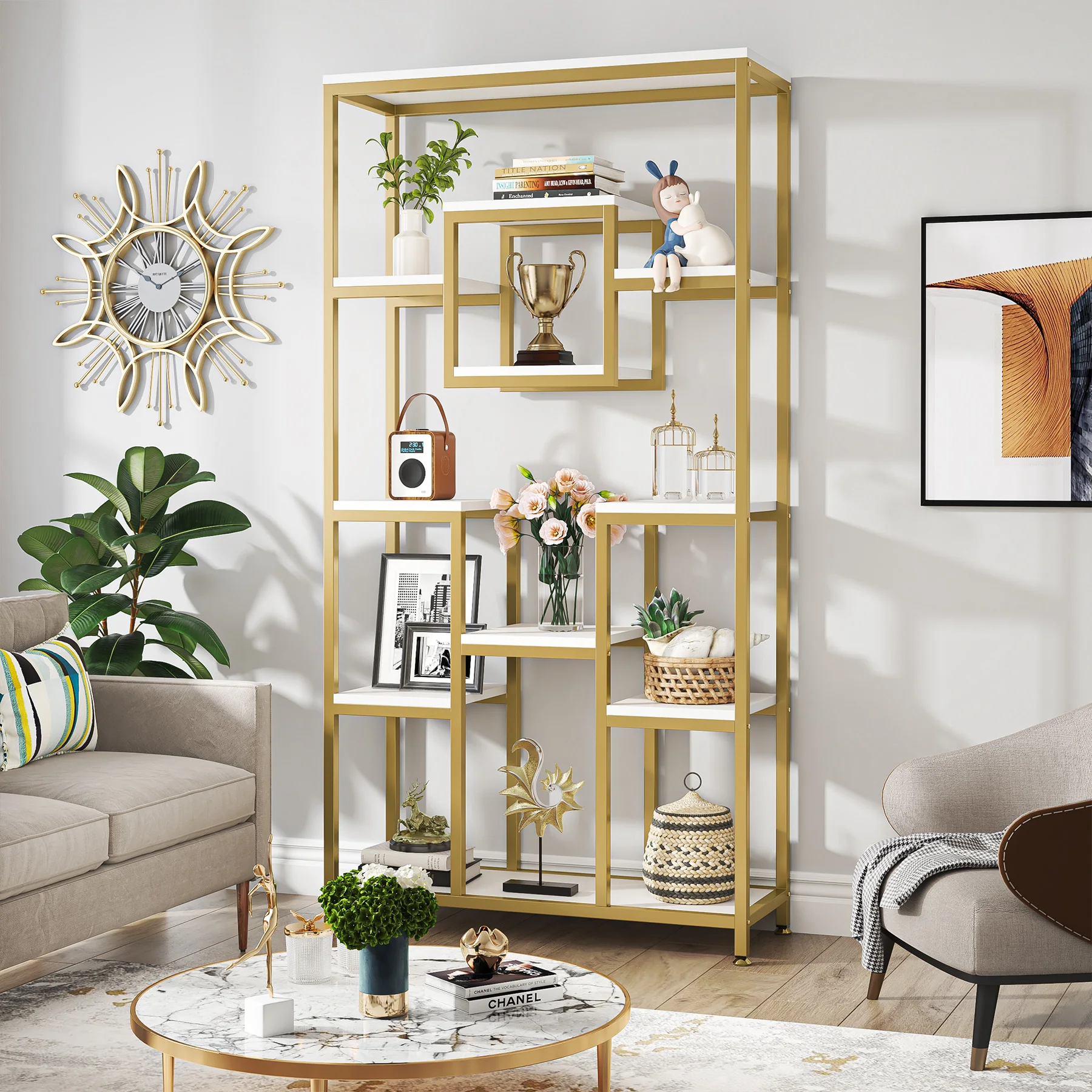 Tribesigns Bookshelf Bookcase, Gold 8-Open Shelf Etagere Bookcase with Faux Marble, Modern Book Shelves Display Shelf