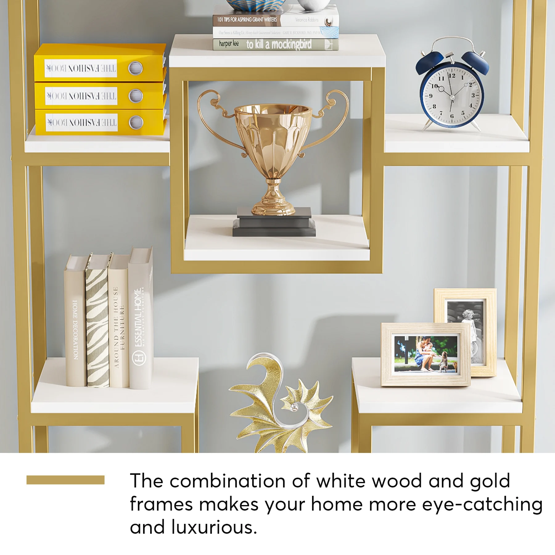 Tribesigns Bookshelf Bookcase, Gold 8-Open Shelf Etagere Bookcase with Faux Marble, Modern Book Shelves Display Shelf