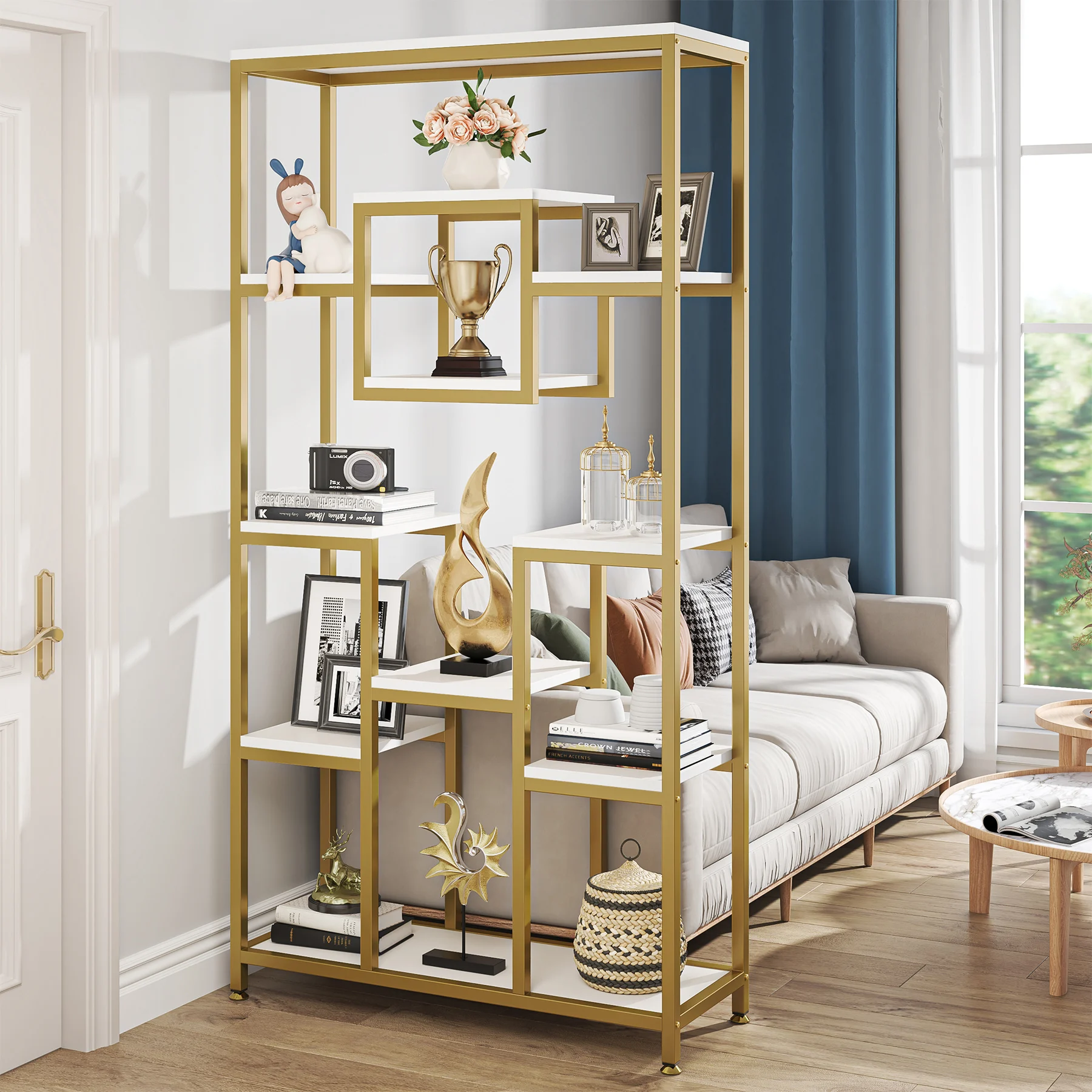 Tribesigns Bookshelf Bookcase, Gold 8-Open Shelf Etagere Bookcase with Faux Marble, Modern Book Shelves Display Shelf