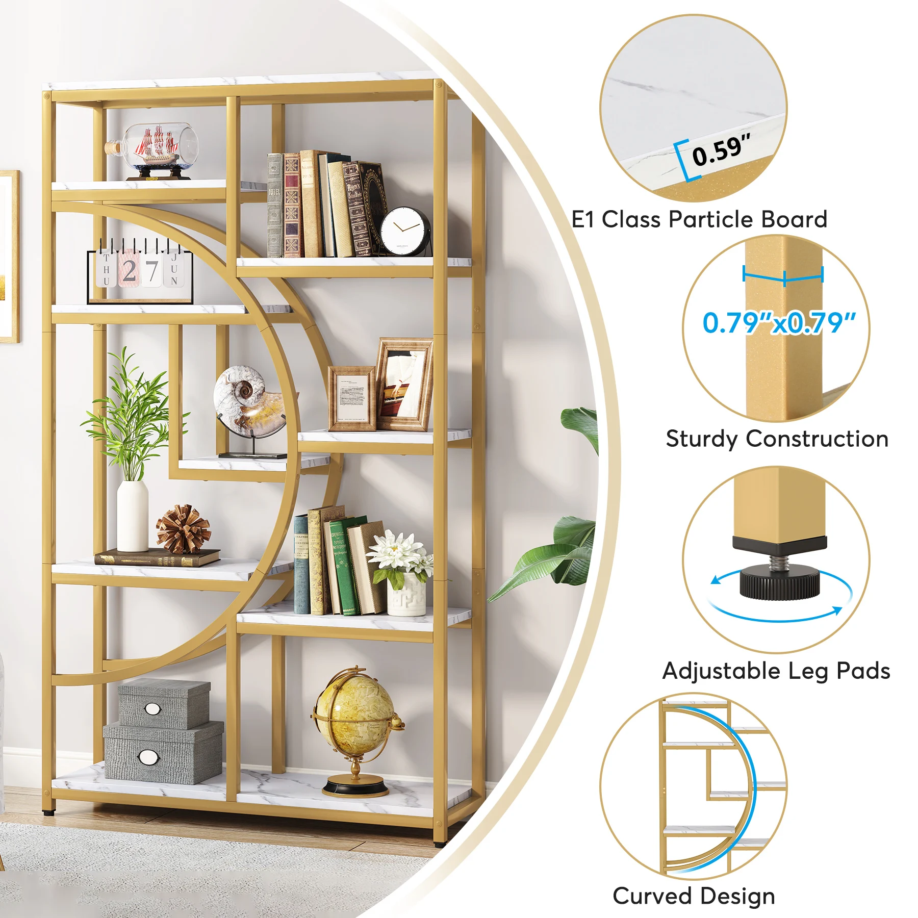 Tribesigns Bookshelf Bookcase, Gold 8-Open Shelf Etagere Bookcase with Faux Marble, Modern Book Shelves Display Shelf
