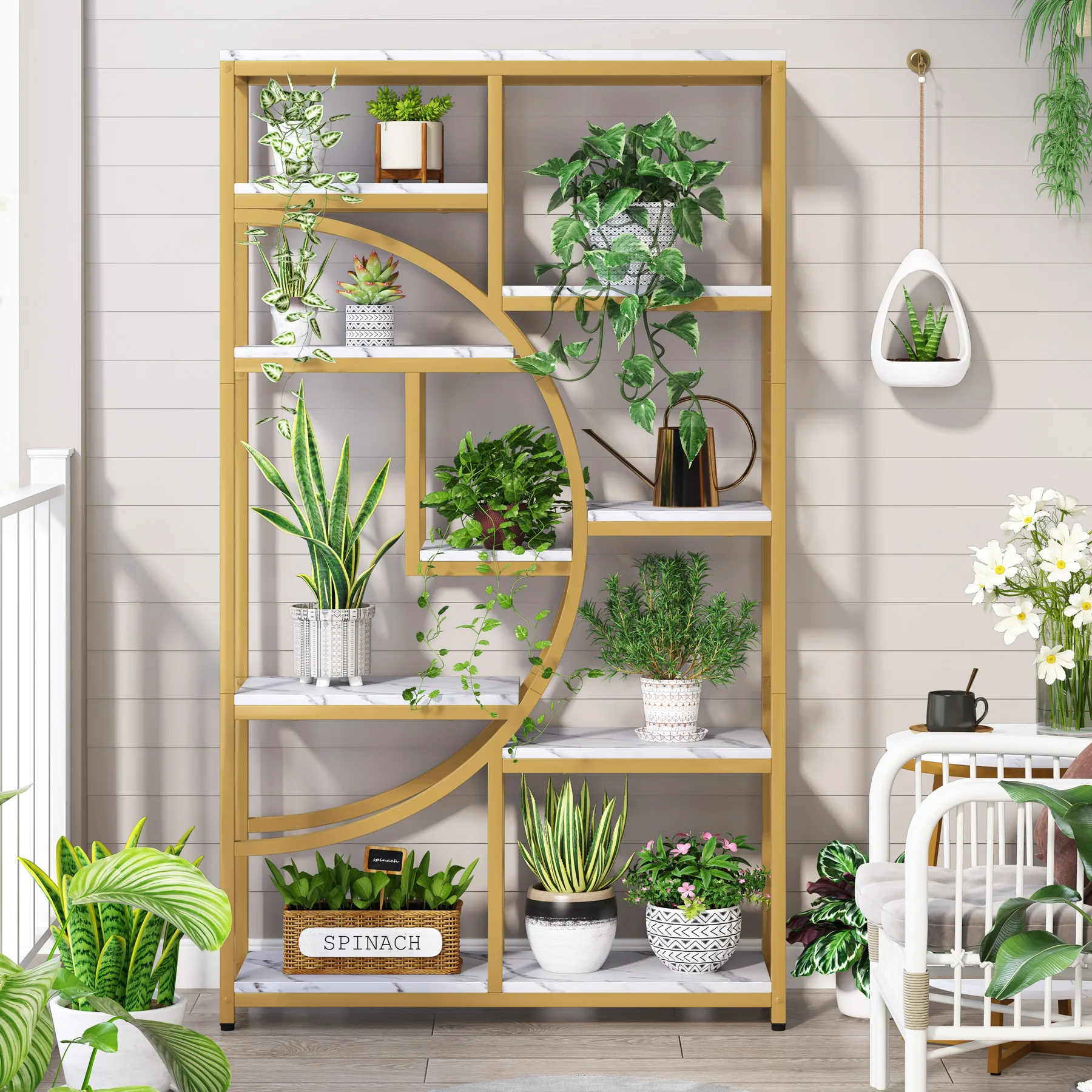 Tribesigns Bookshelf Bookcase, Gold 8-Open Shelf Etagere Bookcase with Faux Marble, Modern Book Shelves Display Shelf