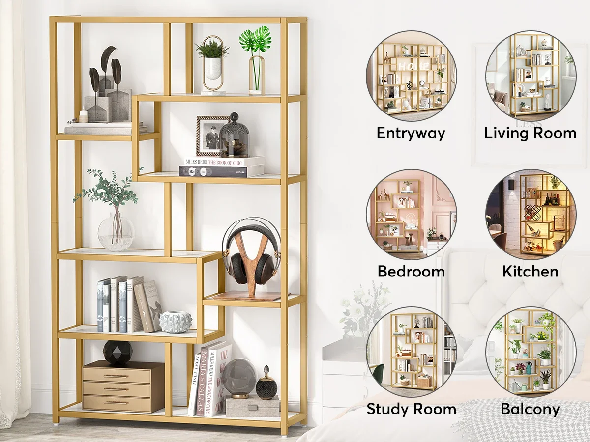 Tribesigns Bookshelf Bookcase, Gold 8-Open Shelf Etagere Bookcase with Faux Marble, Modern Book Shelves Display Shelf