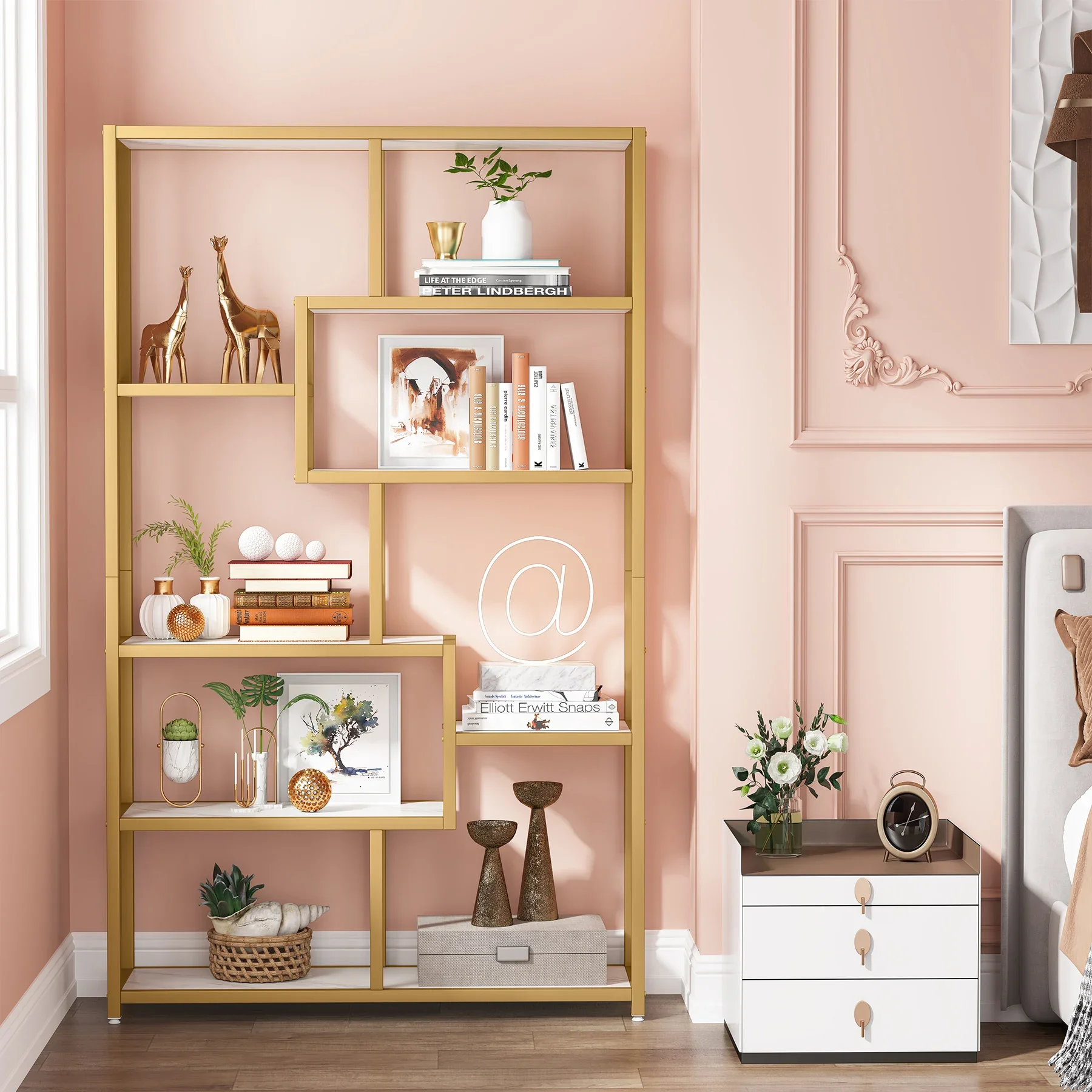 Tribesigns Bookshelf Bookcase, Gold 8-Open Shelf Etagere Bookcase with Faux Marble, Modern Book Shelves Display Shelf